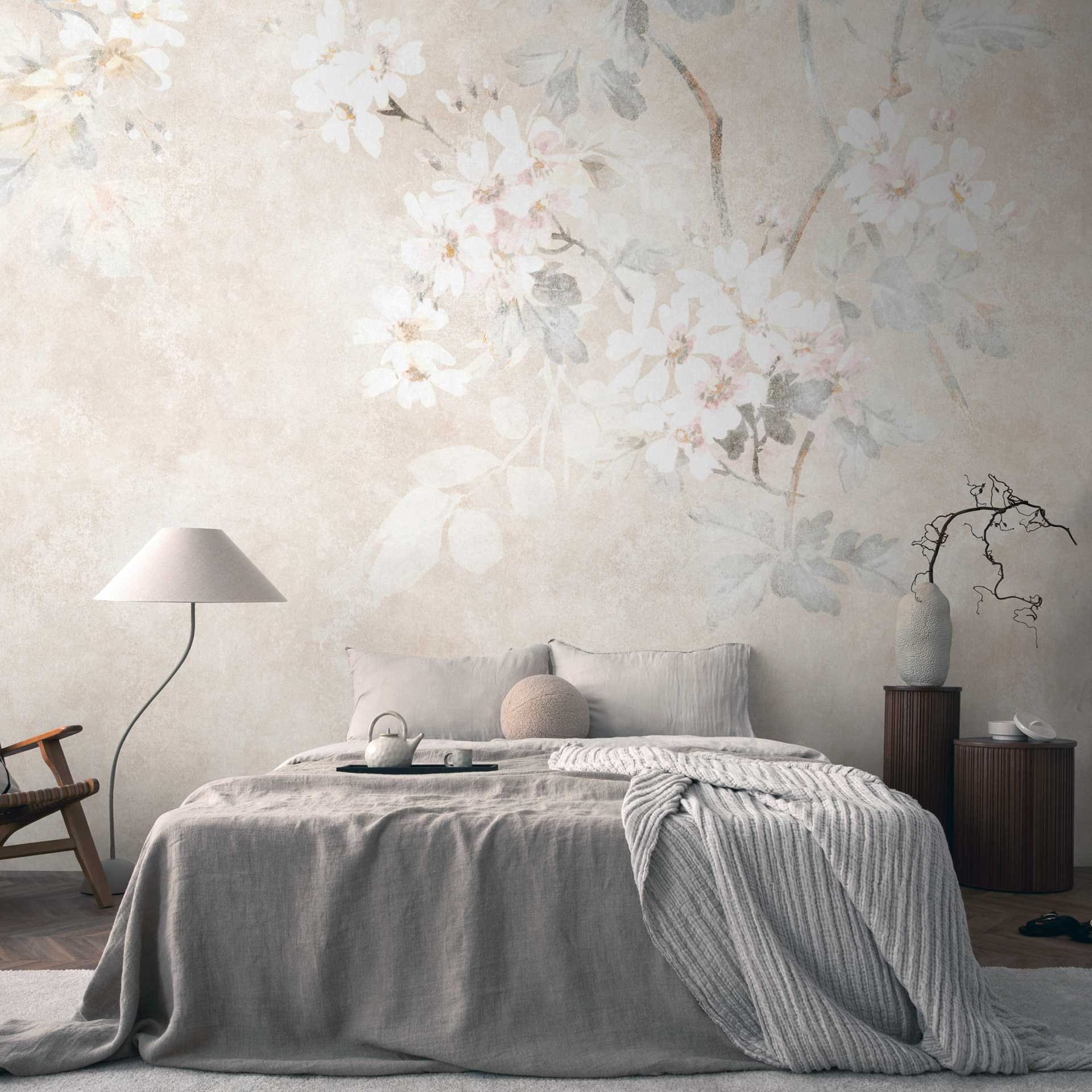 Bloemenbehang aquarel beige - vliesbehang met delicate bloesems - vintage design