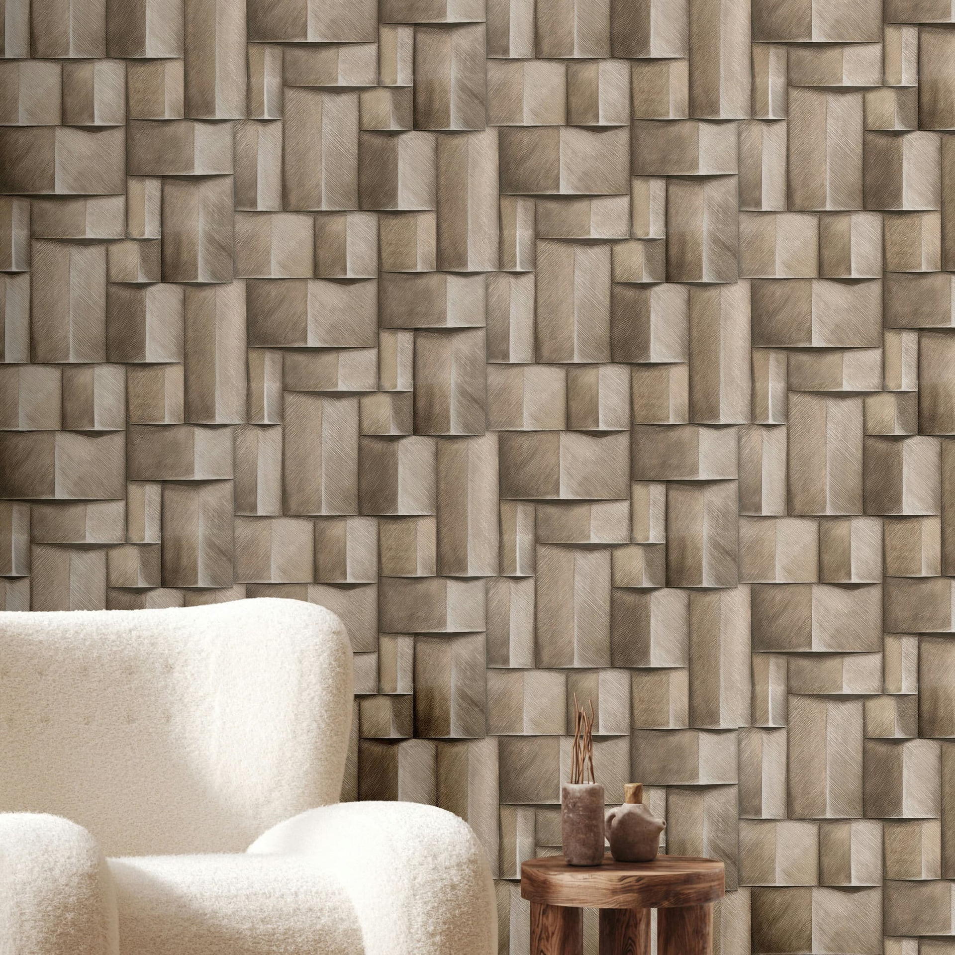 Vliesbehang met houtmotief geometrisch beige, bruin 3D look