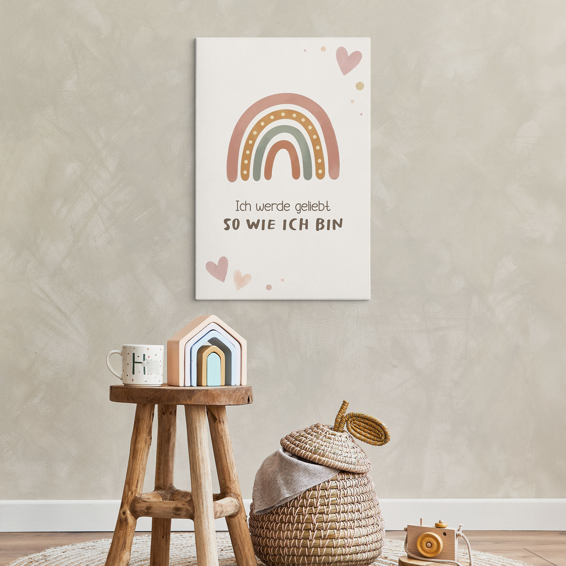 Leinwandbild mit Boho-Regenbogen - Affirmation 'Ich werde geliebt' für Kinder