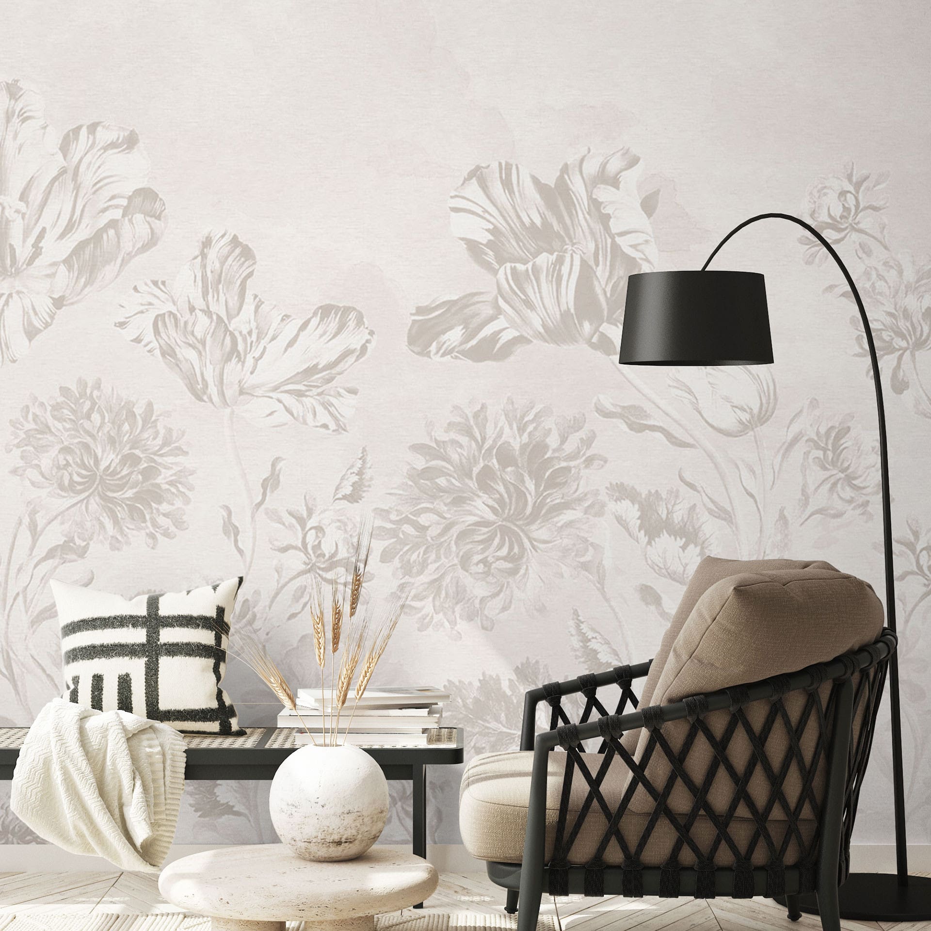 Bloemen Fotobehang - wilde bloemen in krijtlook grijs - Bloomery Decor