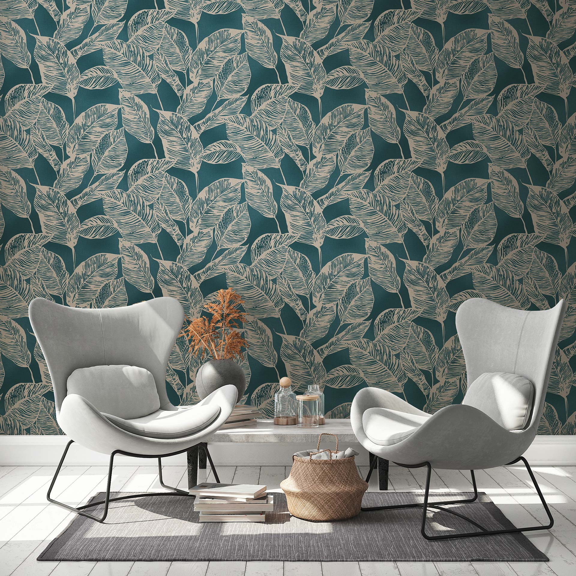 Leaves behang - vliesbehang bloemen van A.S. Création blauw bruin natuur PVC-vrij 386631