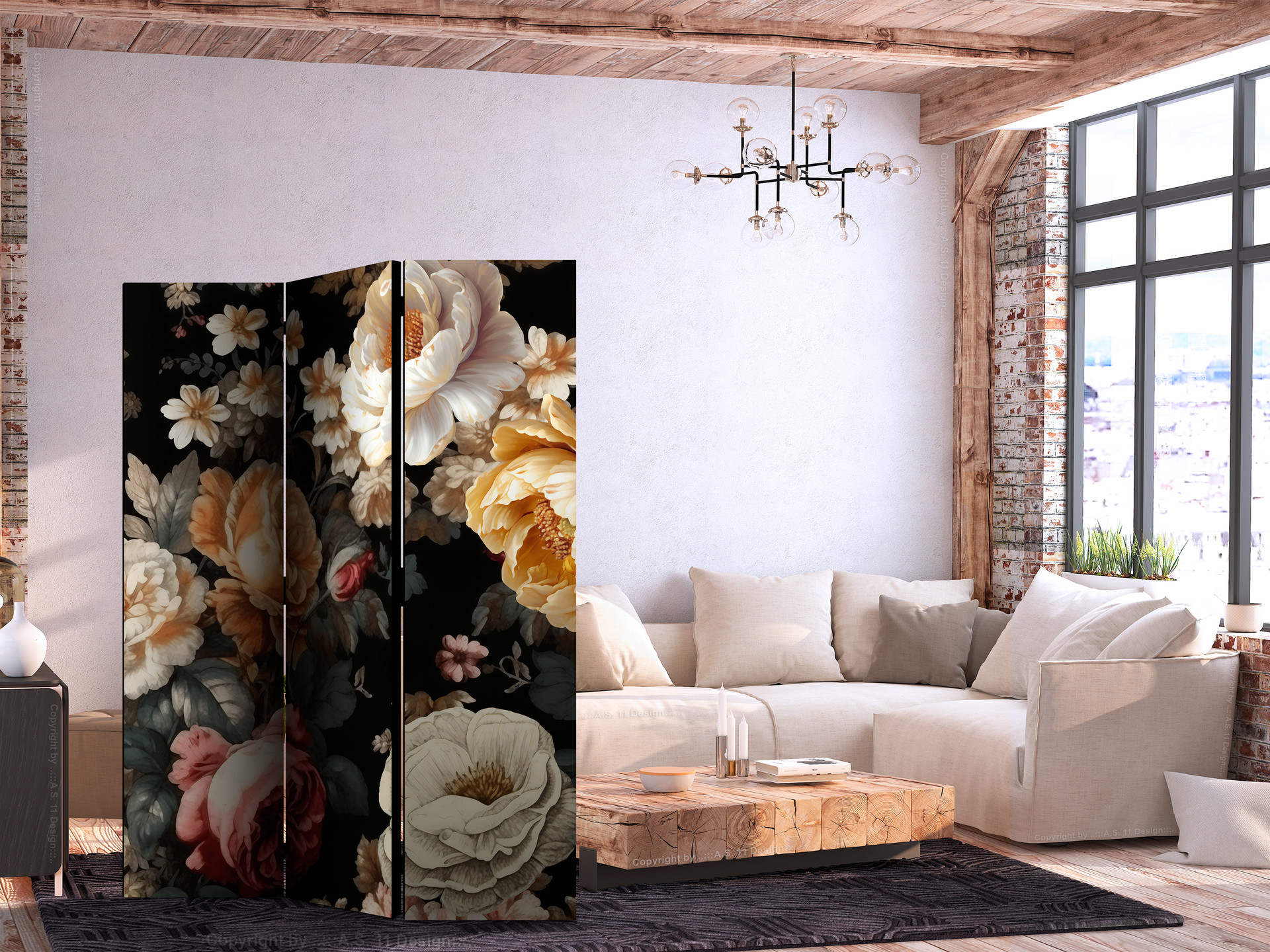 Paravent, Raumteiler freistehend, Trennwand - Floristry in Vintage Style