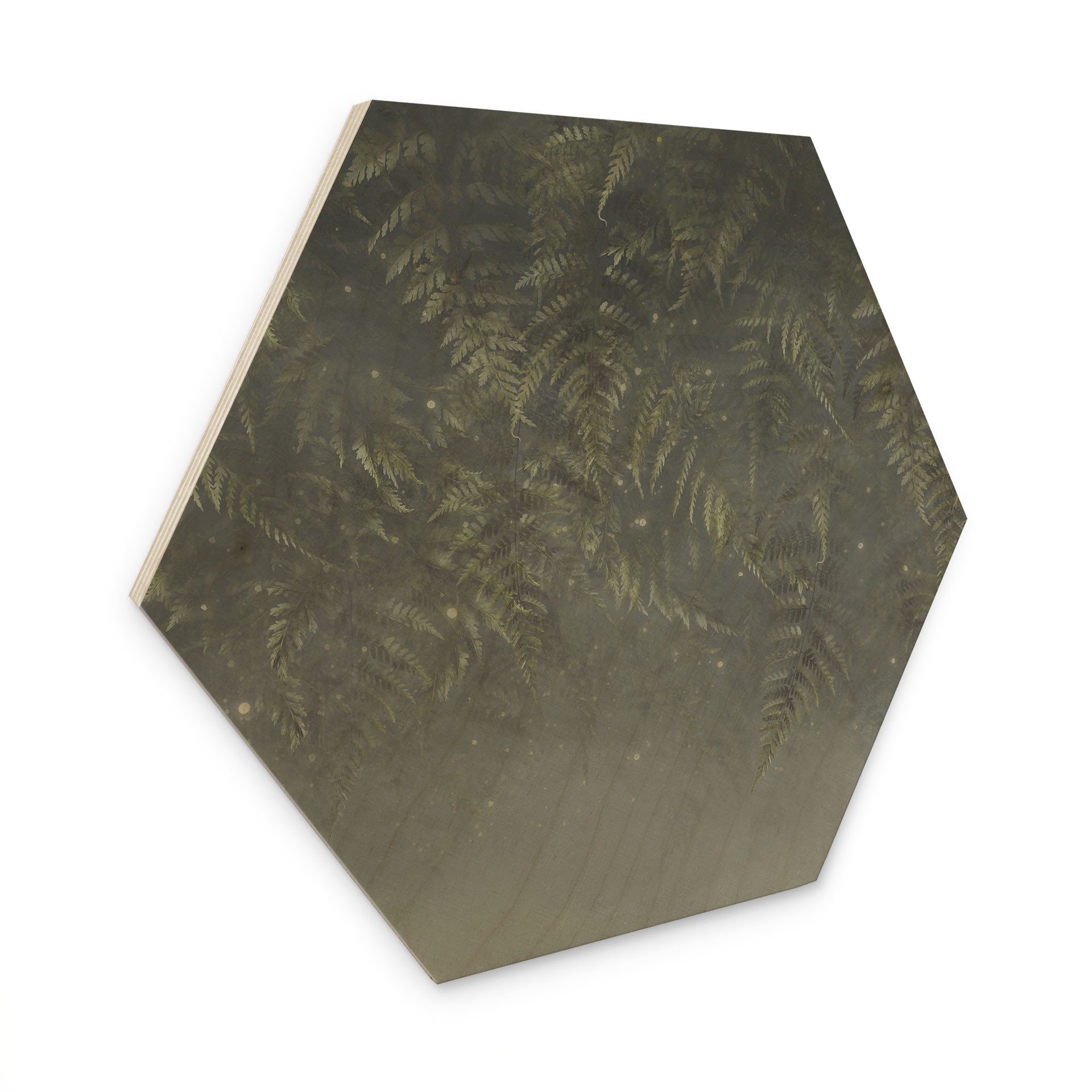 Houten Wanddecoratie met zeshoekige varen in het nevelwoud in groen - Ms Tiff