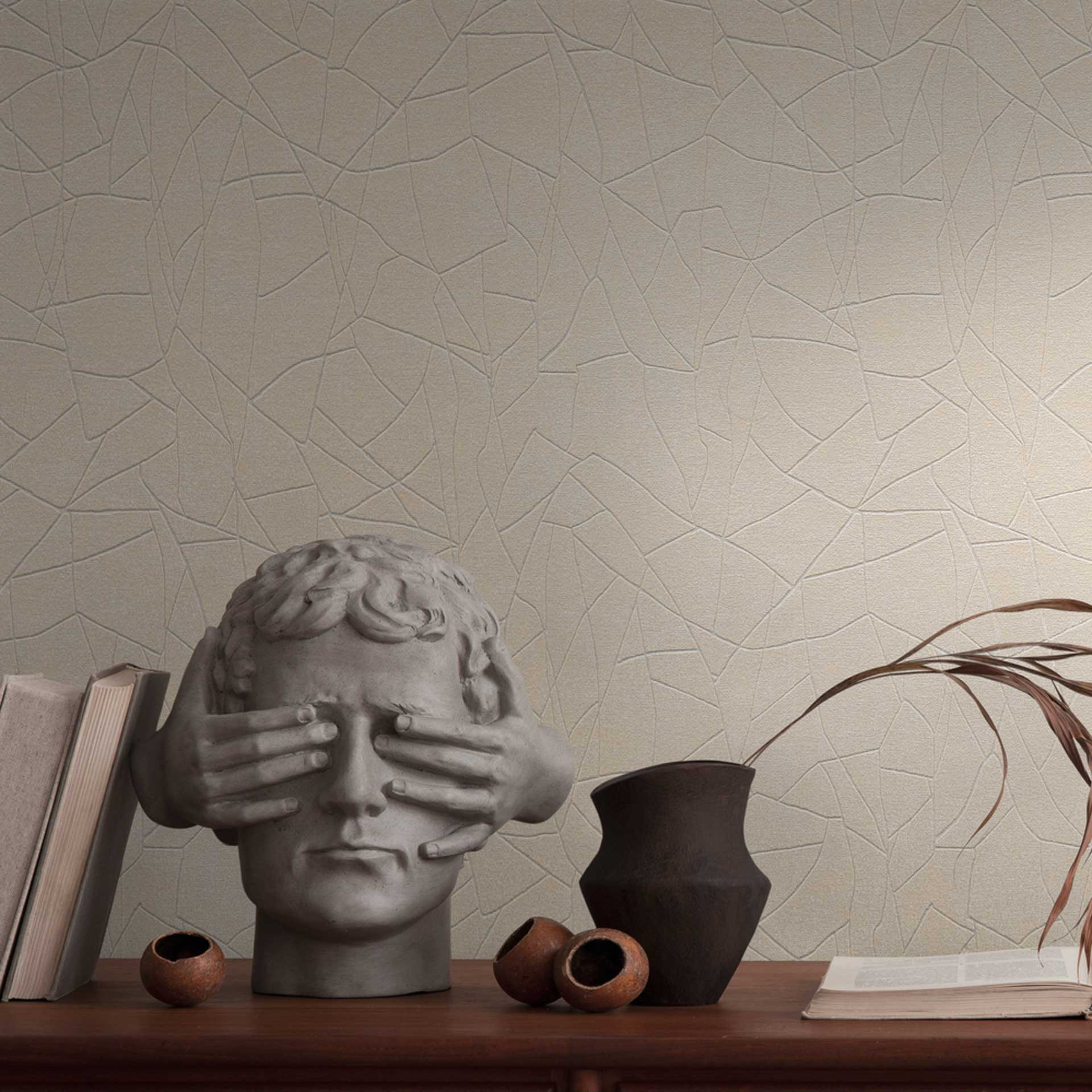 Vliesbehang met abstract patroon in crème-beige - modern vliesbehang met een lineaire structuur