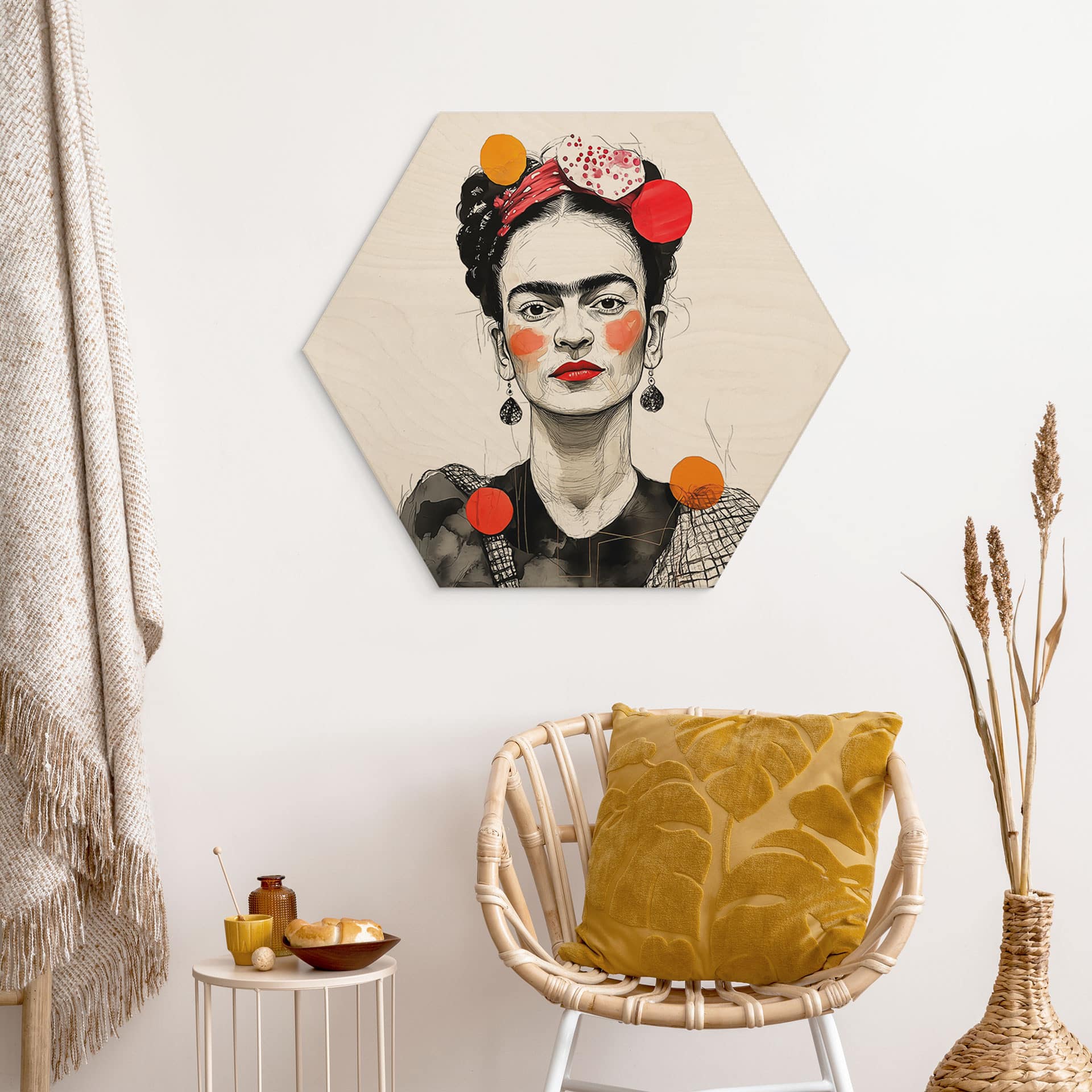 Sekskantet Billede af træ Frida Kahlo pop art-portræt - Jaszke