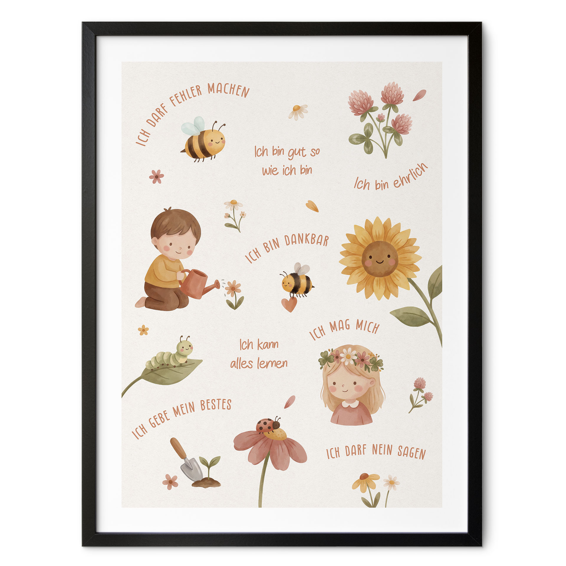 Kinder-Poster - Affirmationen Blumen mit Biene und Marienkäfer