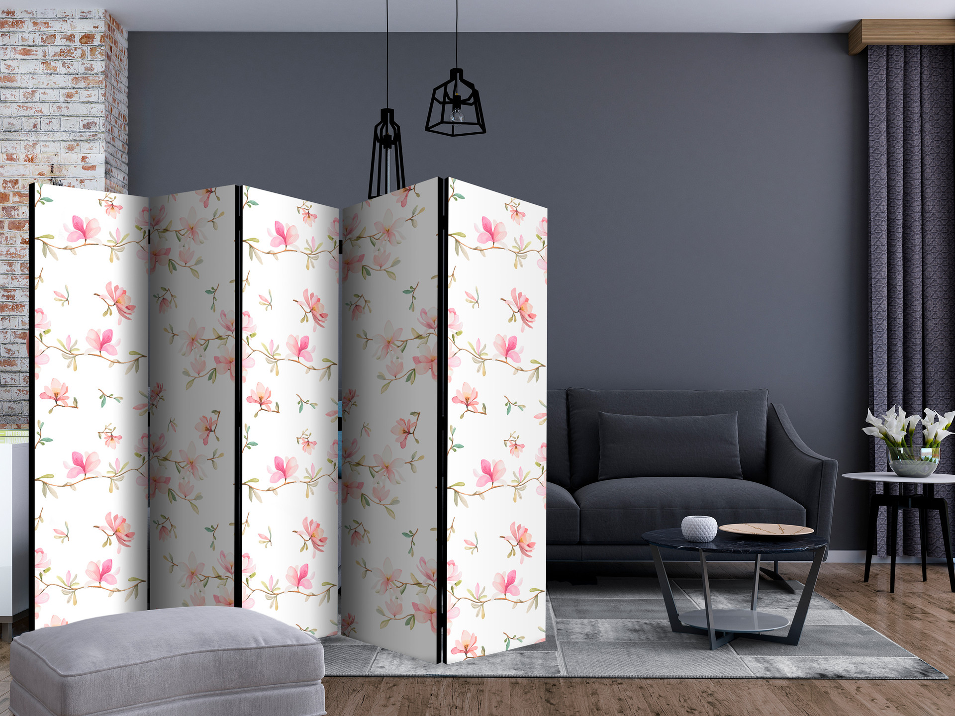 Paravent, Raumteiler freistehend, Trennwand - Fresh Magnolias II, 5-teilig - einseitig bedruckt - 22