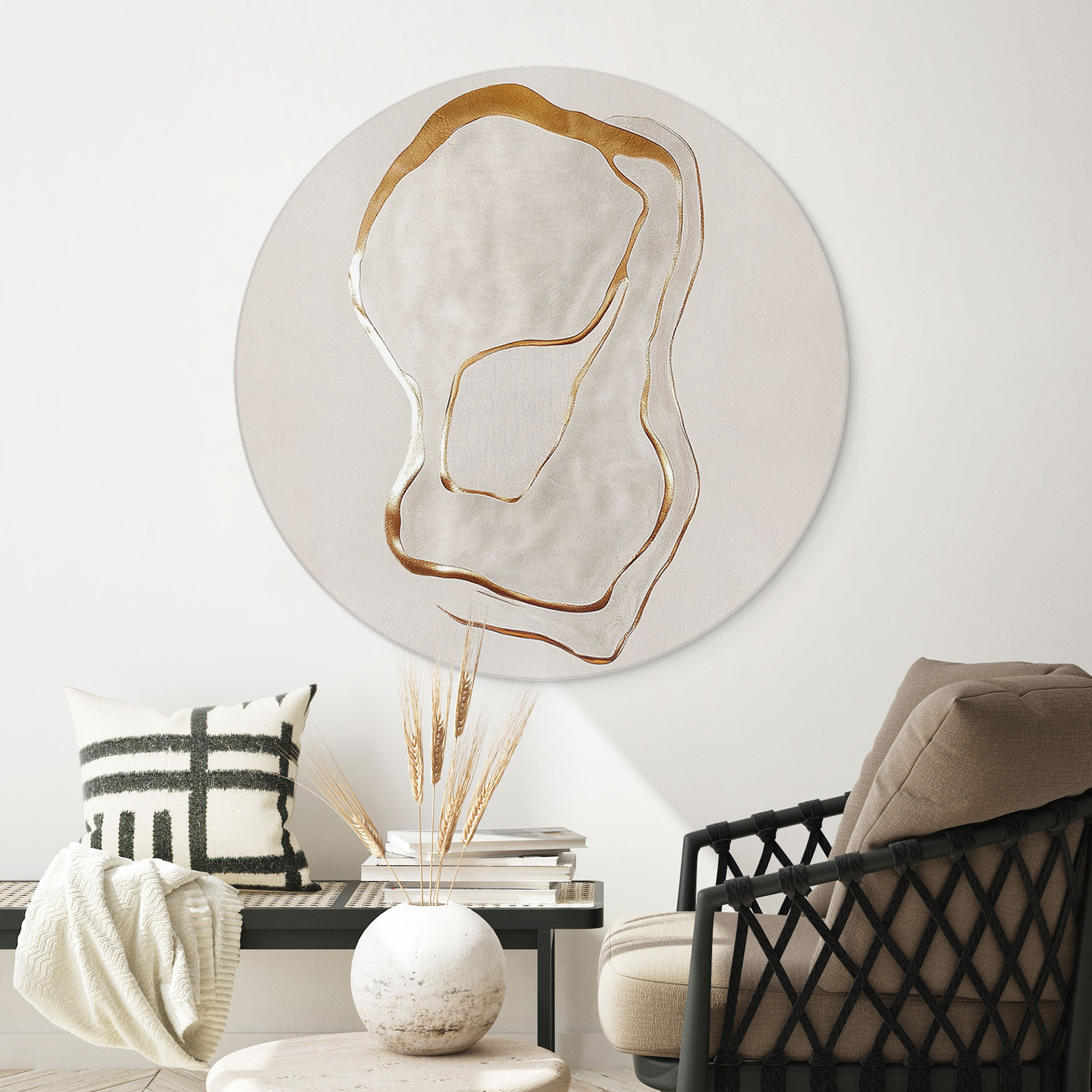 Billede Abstrakt linjekunst i guld og beige - Alma - Rund – print på aluminium