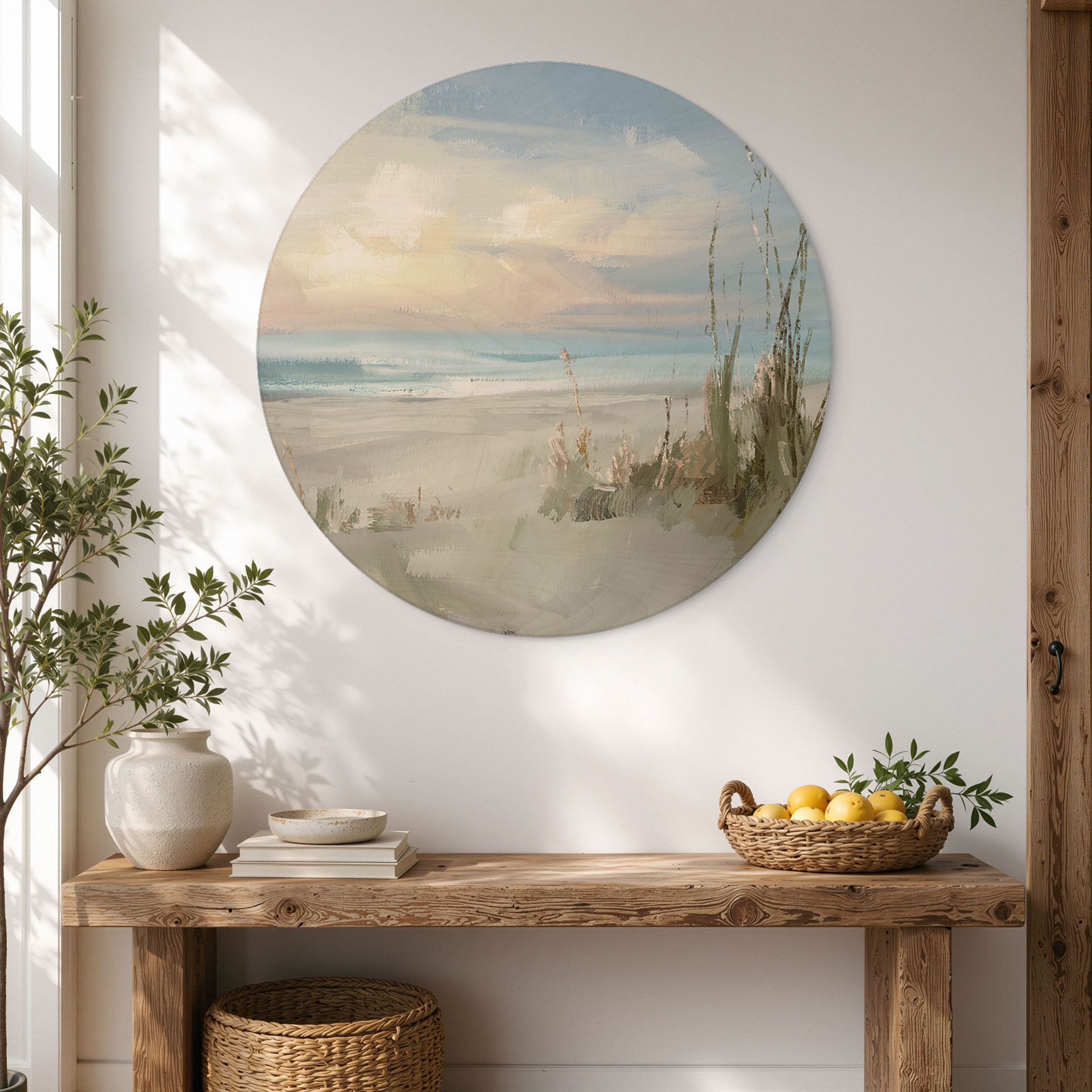 Houten Wanddecoratie Rustig strand in pastelkleuren - Cheney - Rond