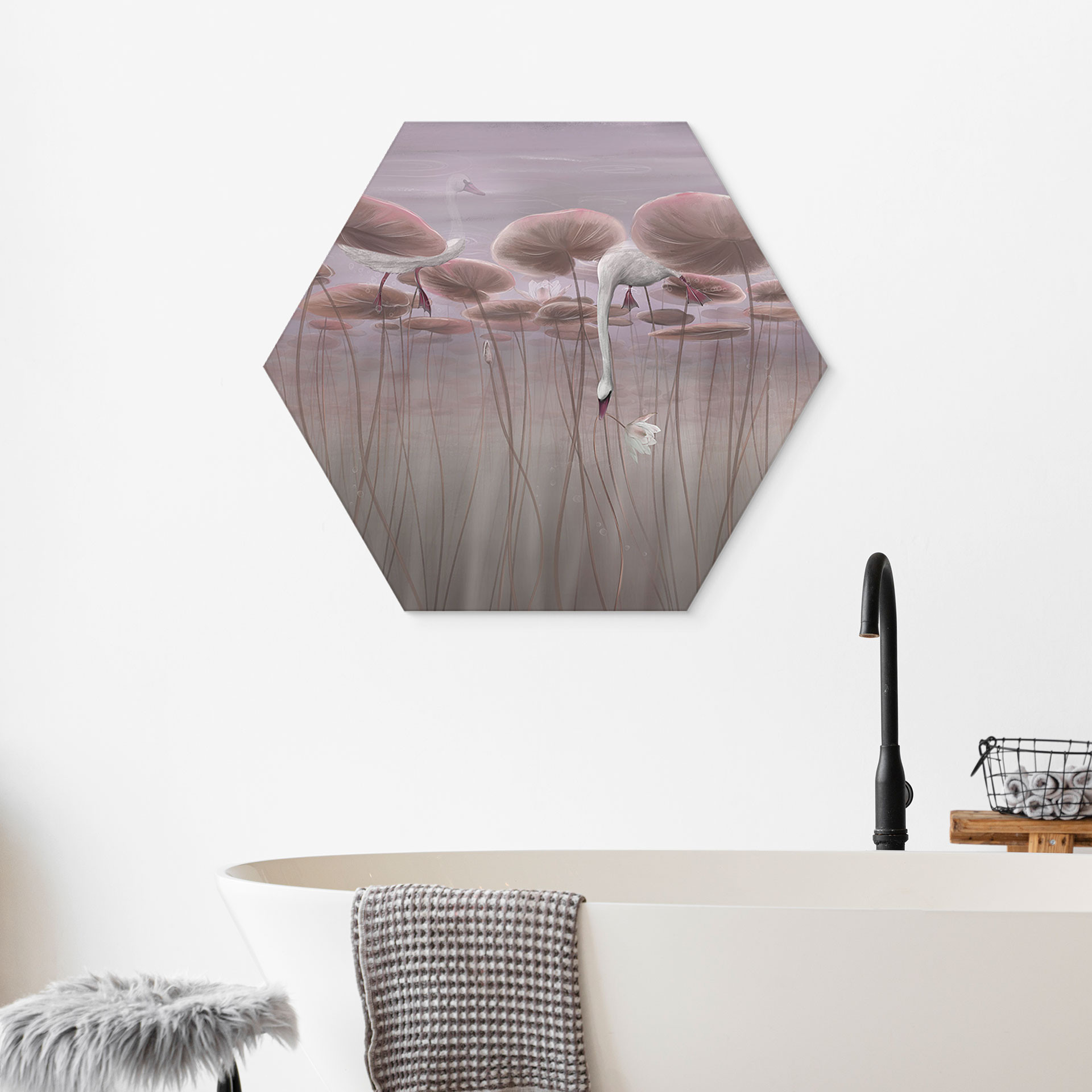 Zeshoek Wanddecoratie lotusbloemen met zwaan in water in schemerroze - Ms Tiff - Alu-Dibond