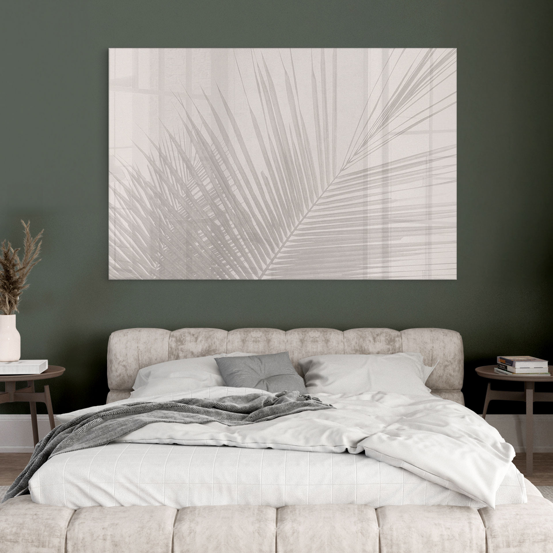 Akrylbillede af palmeblade i linnedlook - Bloomery Decor