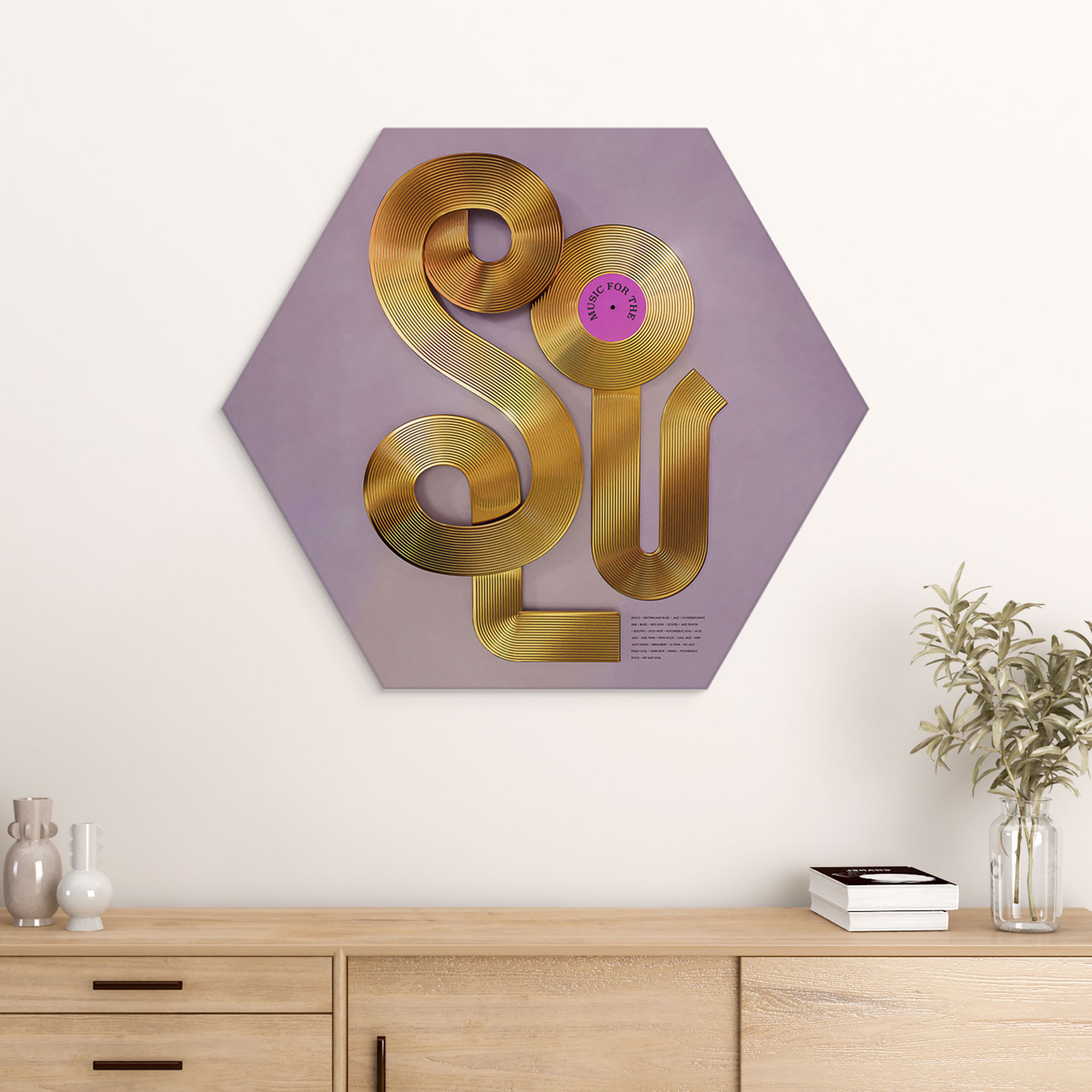 Hexagon Wandbild Soul trifft auf Vinyl - Musik für die Seele - Harrison - Alu-Dibond