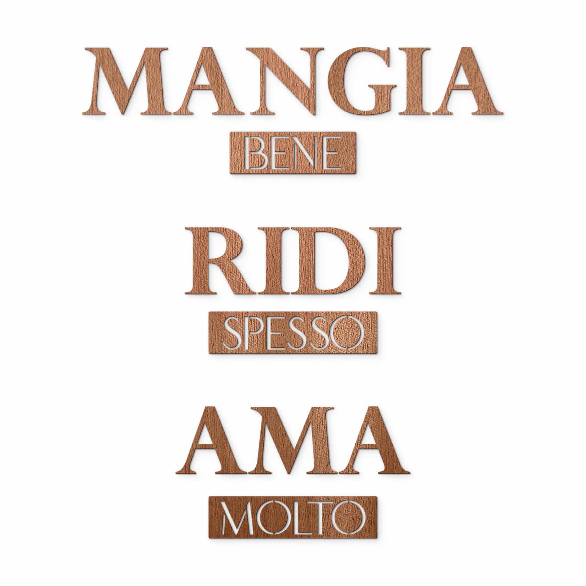 Décoration murale en bois placage d'acajou - Mangia bene, Ridi spesso, Ama