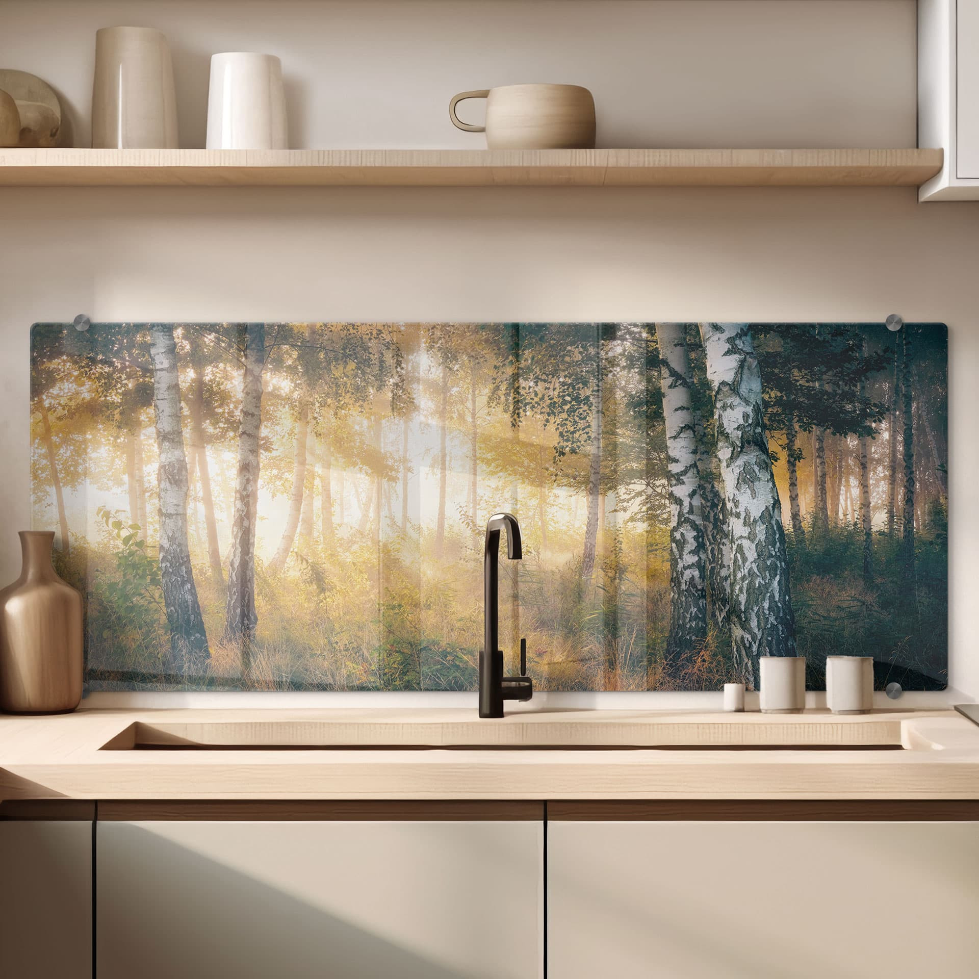 Panel szklany do kuchni Kado - Słońce w brzozowym lesie - Panorama