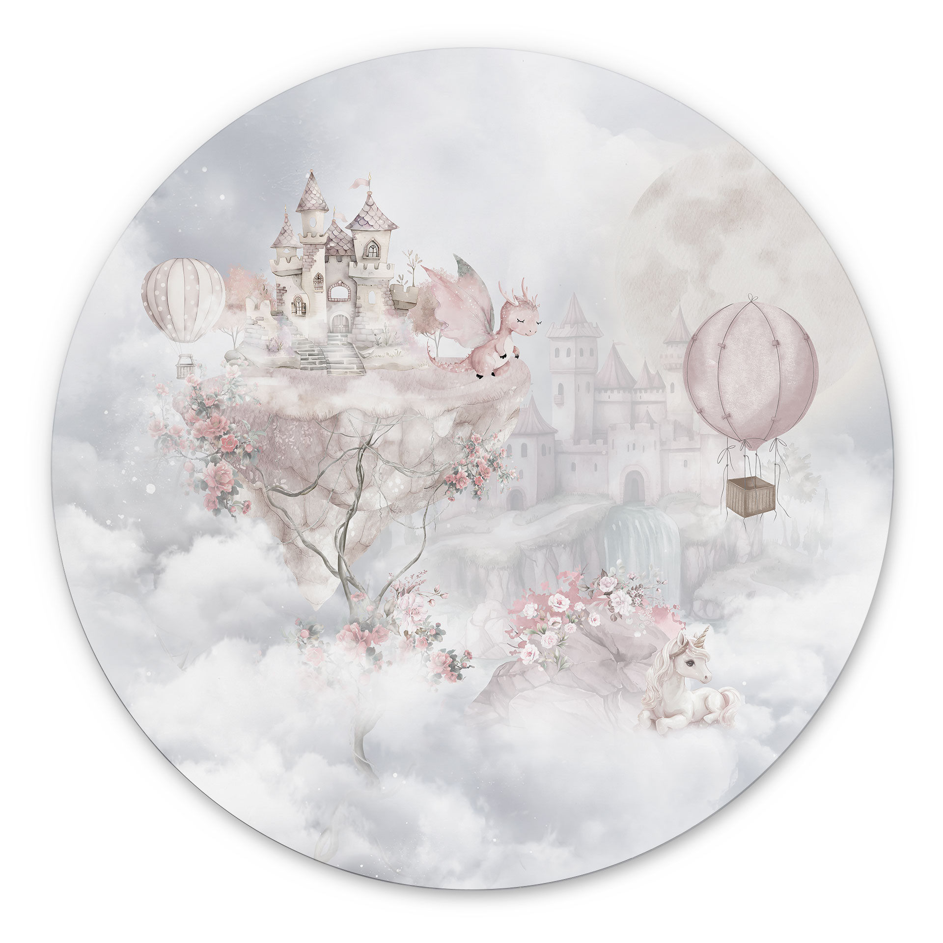 Wanddecoratie sprookjeswereld met kasteel en eenhoorn - Ms Tiff - Alu-Dibond - Rond