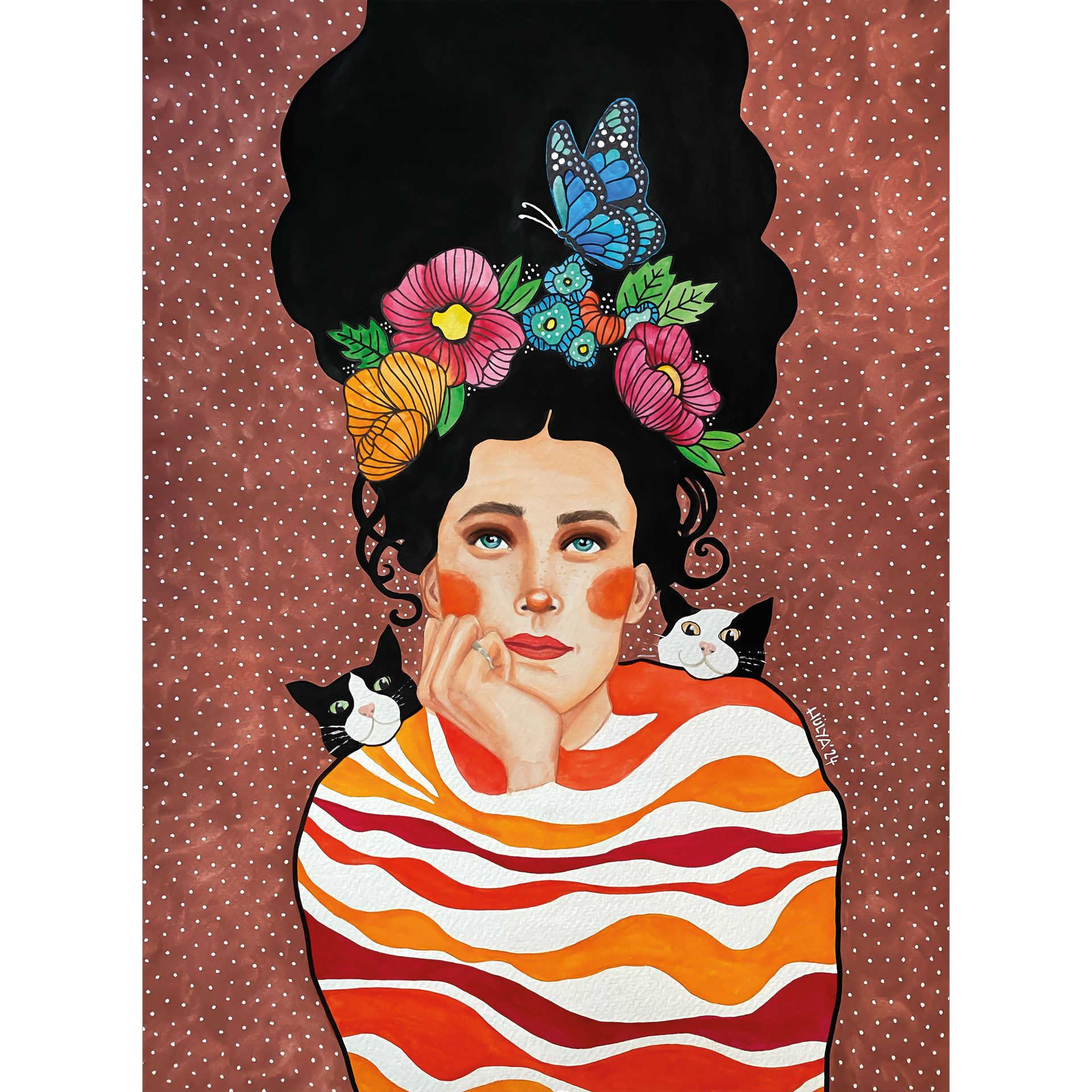 Fotobehang Vrouw met bloemenkroon en katten - Hülya