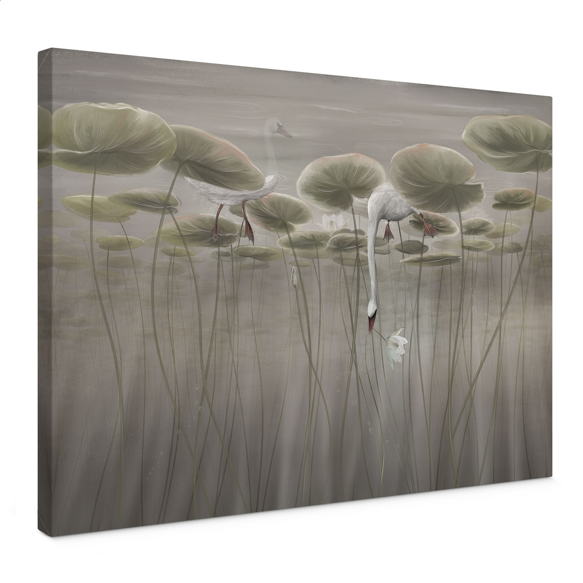 Canvas schilderij lotusbloemen met zwaan in water in grijs - Ms Tiff