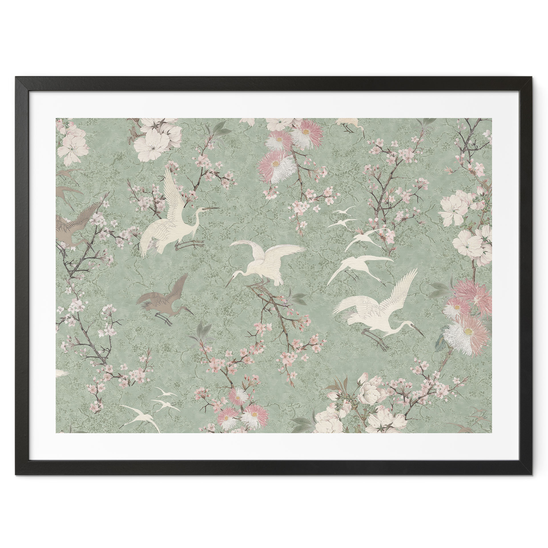 Plakat Żurawie w kolorze Cherry Blossom Rush Green - Bloomery Decor
