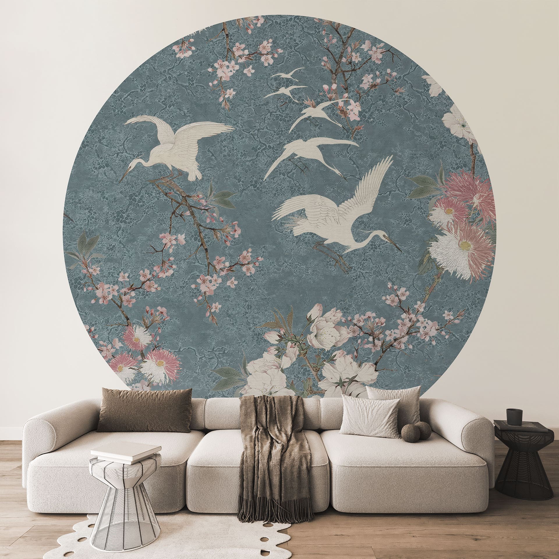Blauwe kraanvogels in kersenbloesem Rush Behang - Bloemen Decor - Rond - Zelfklevend/niet-geweven