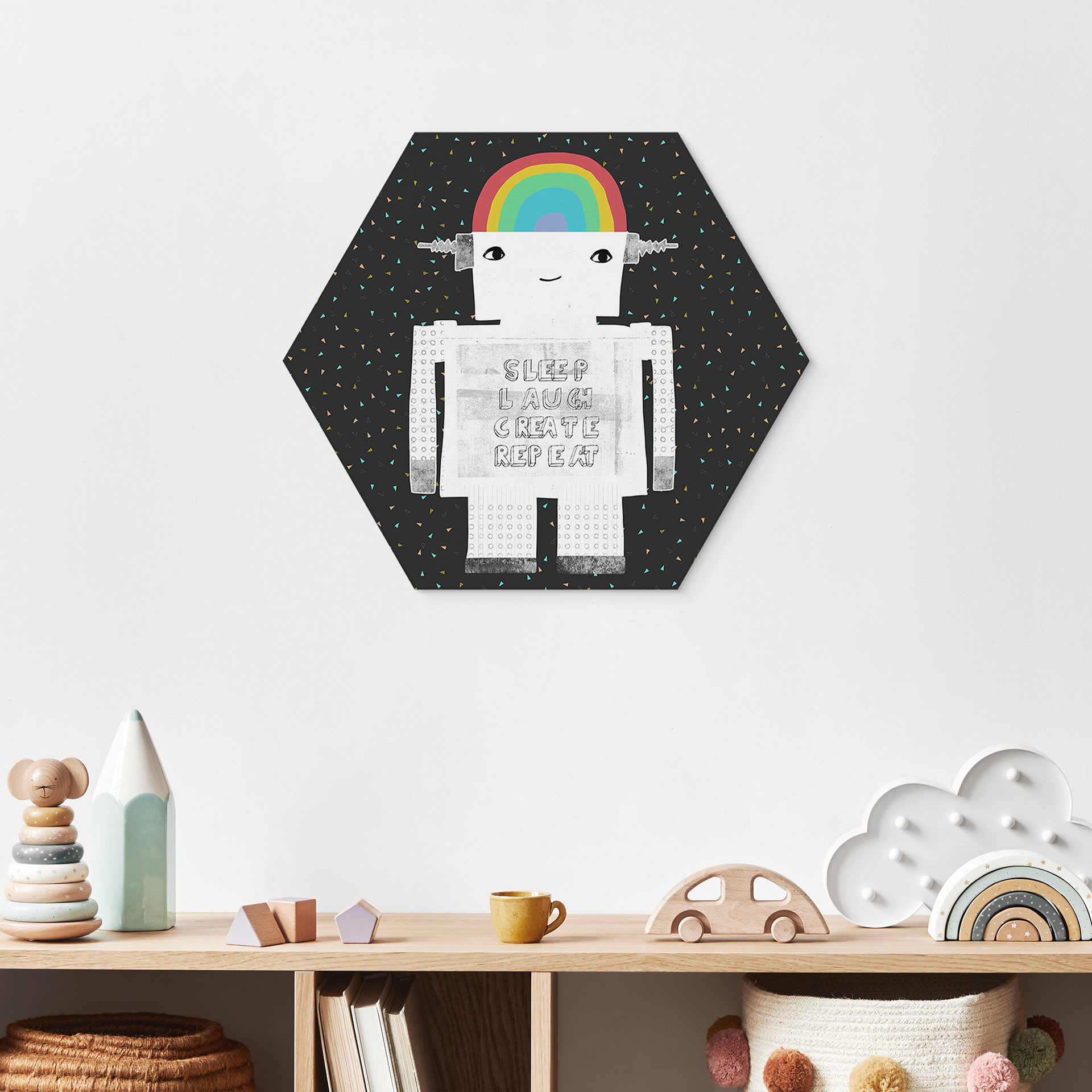 Sekskantet Billede regnbuerobot Sleep Laugh Create - Treechild - aluminium dibond