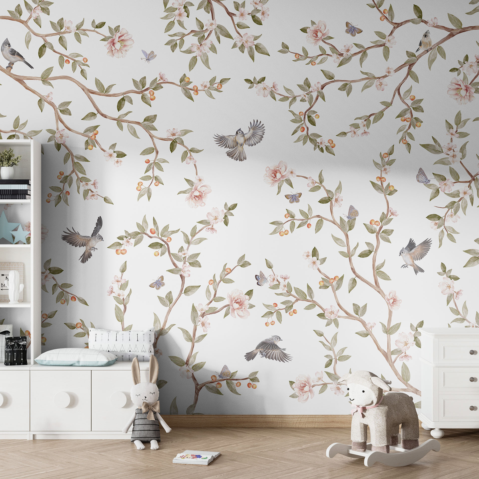 Fotobehang Rozenstruik met vogels - Kikki Belle