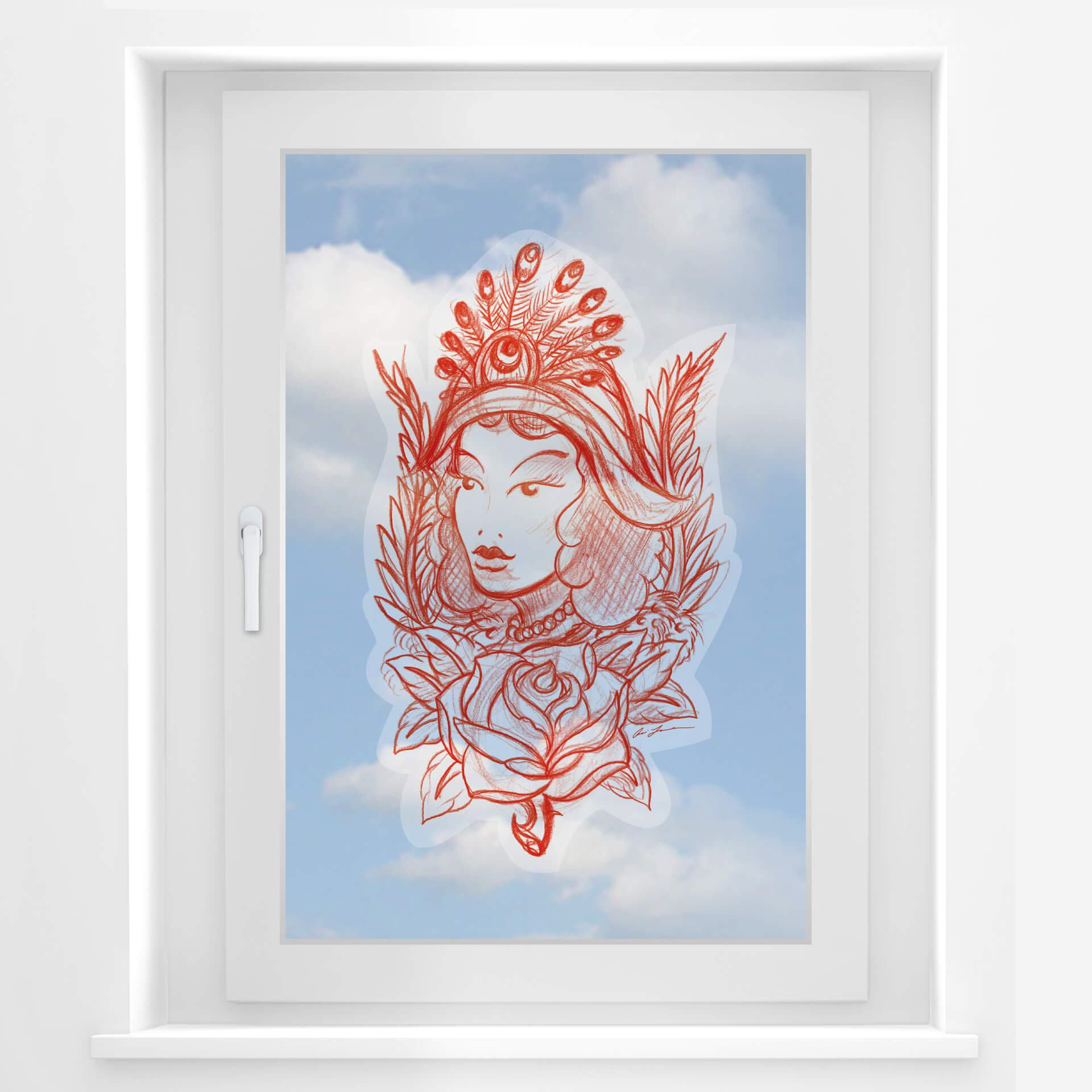 Raamsticker Miami Ink Vrouw met Veren