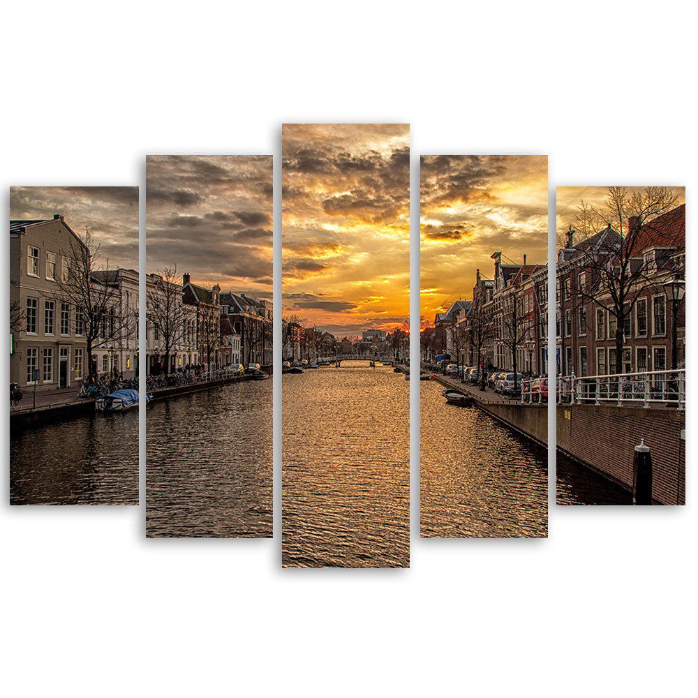 Lærredstryk 5 stykker, Amsterdam kanalhuse by