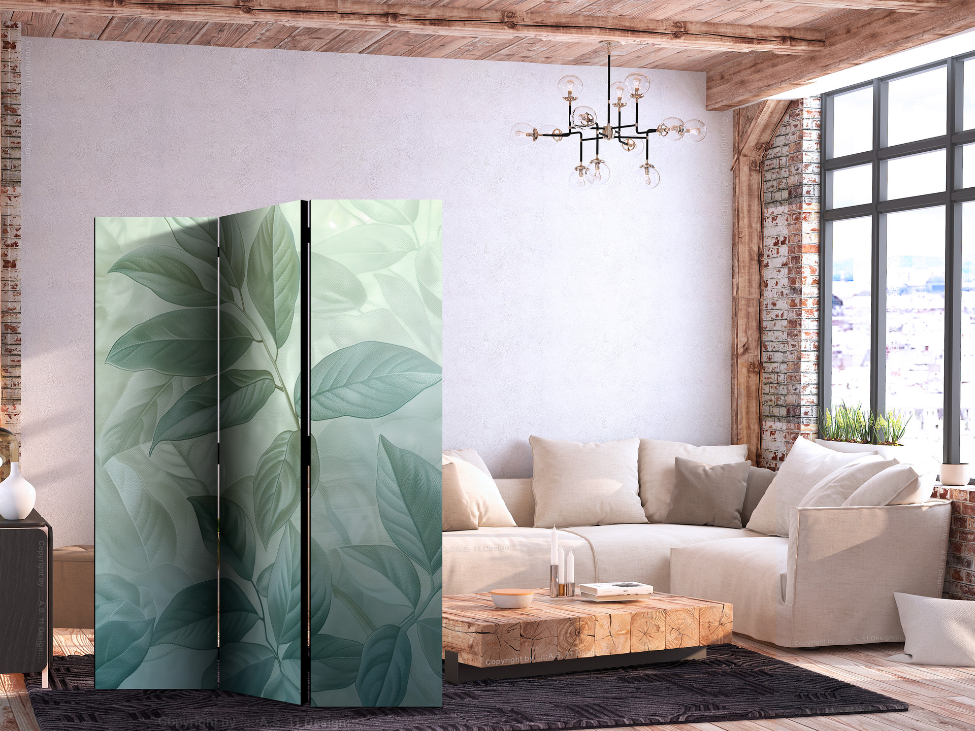 Paravent, Raumteiler freistehend, Trennwand - Large Leaves in Green-Mint Shades - Botanical Motif