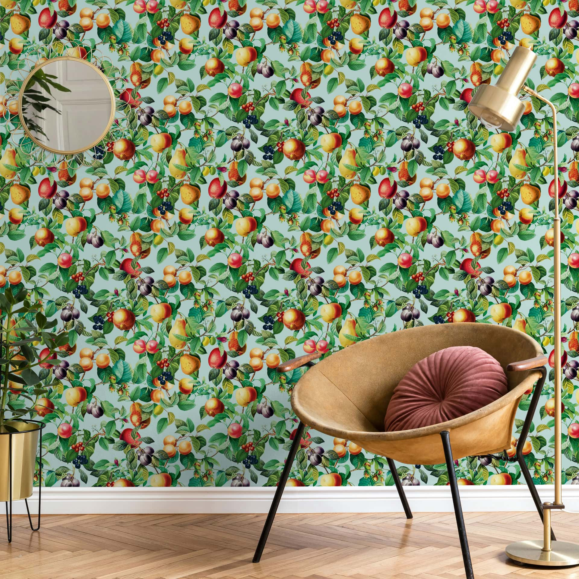 Vliesbehang fruit, bladeren bloemen natuur mat in blauw