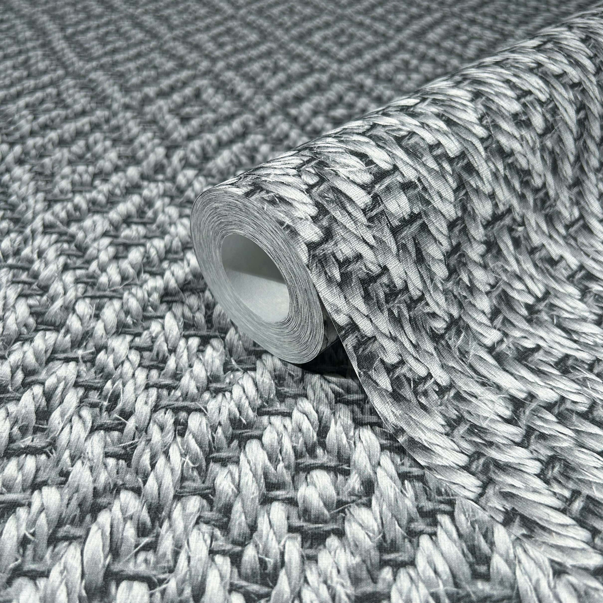 vliesbehang in 3D ruitpatroon vlechtwerk grijs textiel look