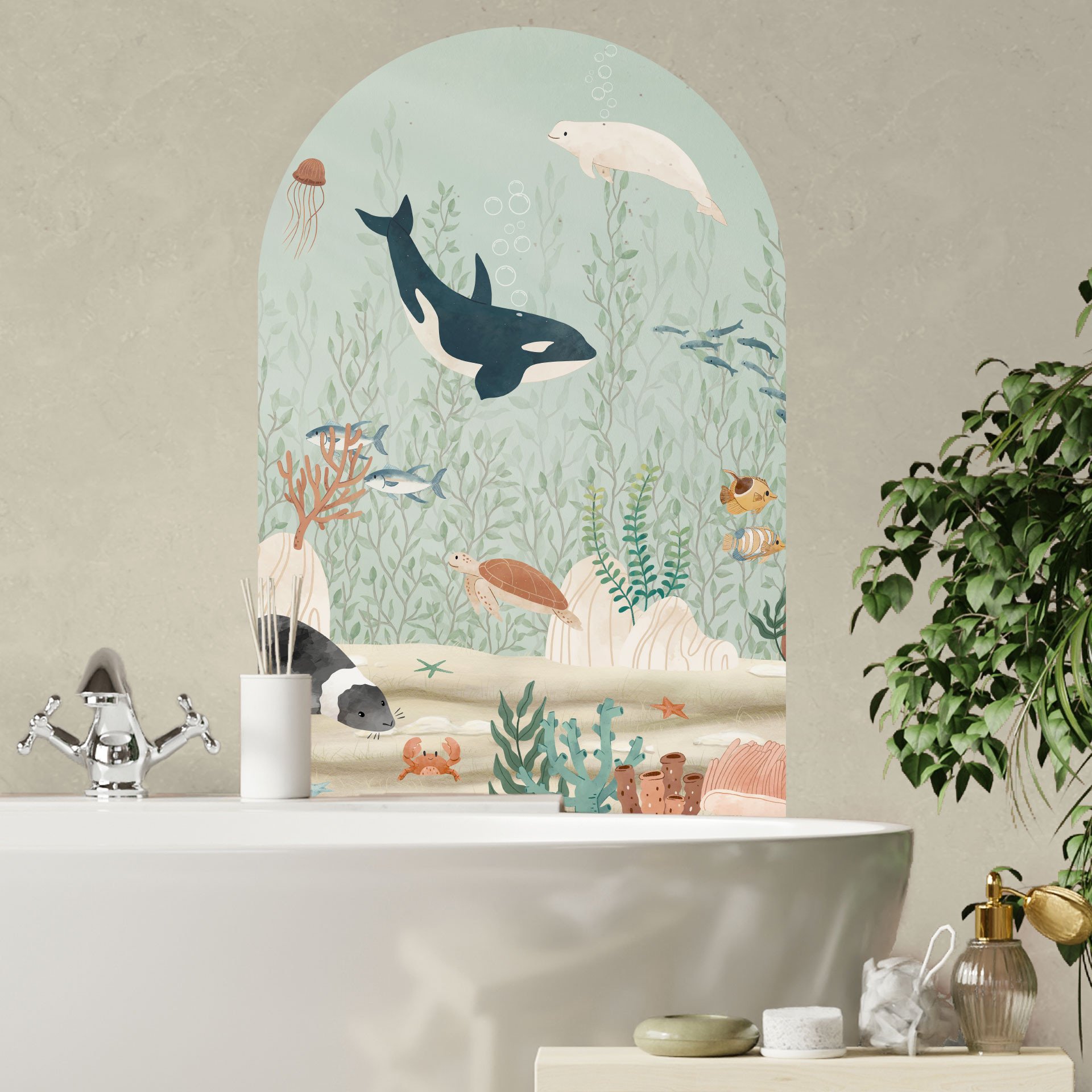 Muursticker rond boogpaneel zeedieren diep in de oceaan - Oliver Robins - breed