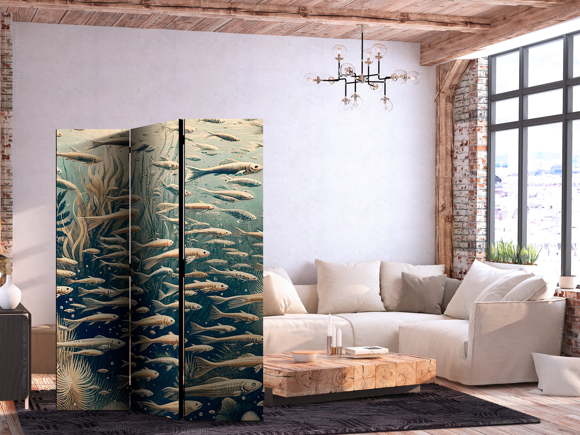 Paravent, Raumteiler freistehend, Trennwand - Life in the Ocean in Retro Style