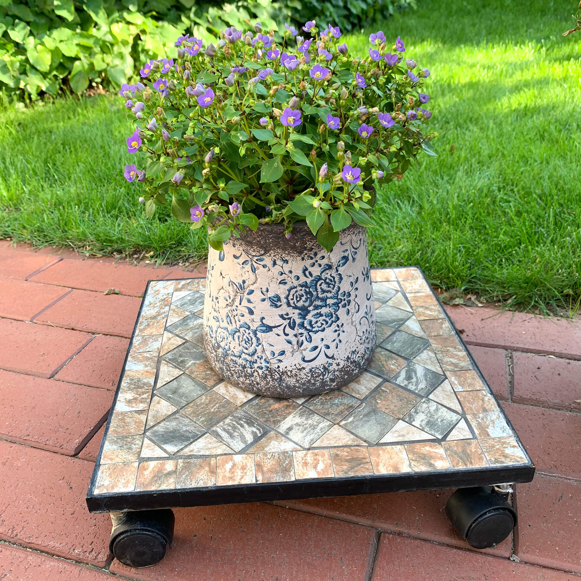 Support poterie avec roulettes en mosaïque - Carré 33x33 cm