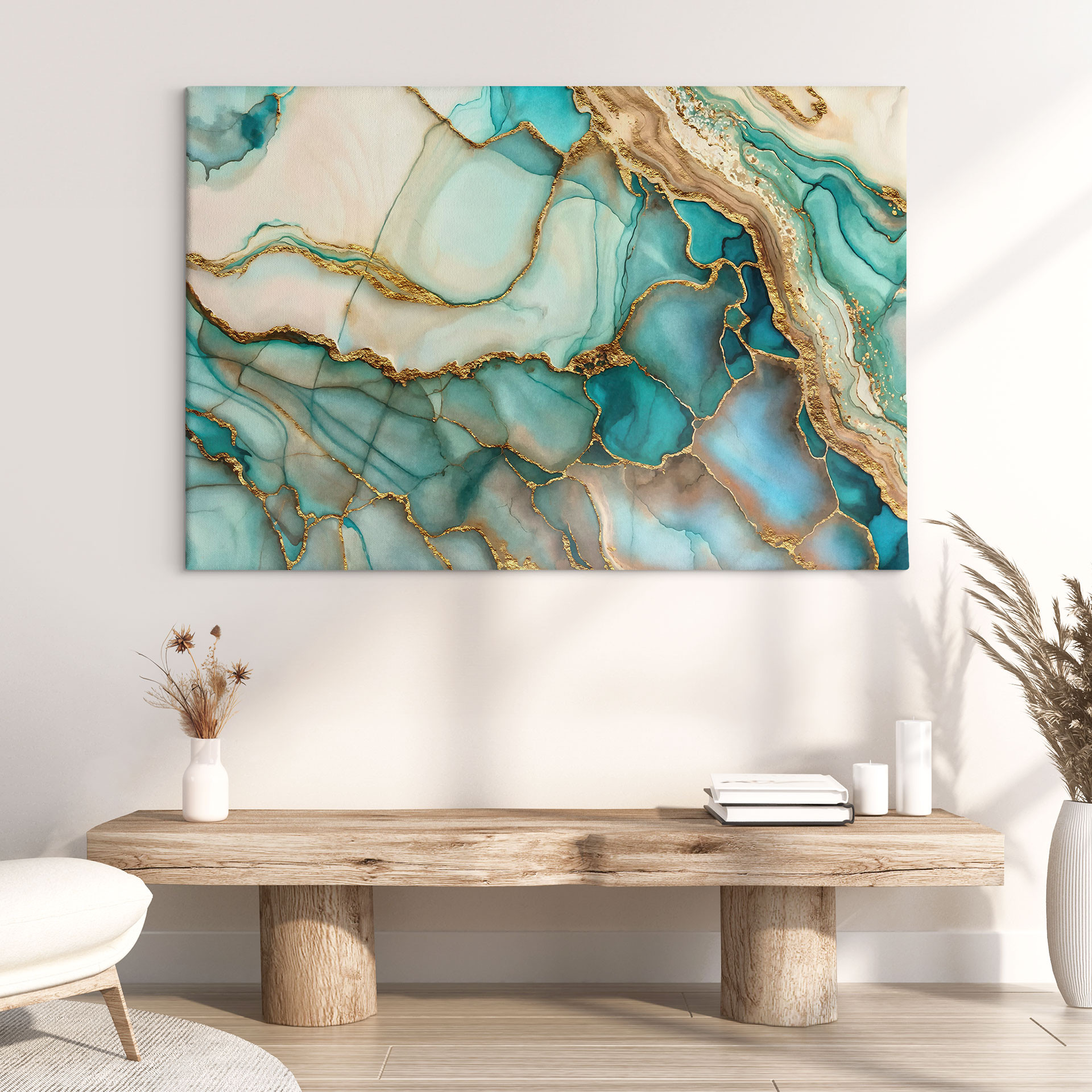 Leinwandbild Marmorierte Wellen in Türkis und Gold | Abstrakte Kunst - Haase