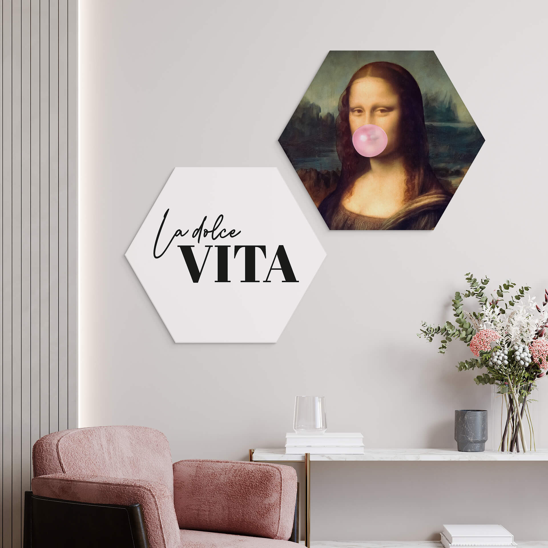 Hexagon Dibond Taudalpoi - Mona Lisa med tyggegummi