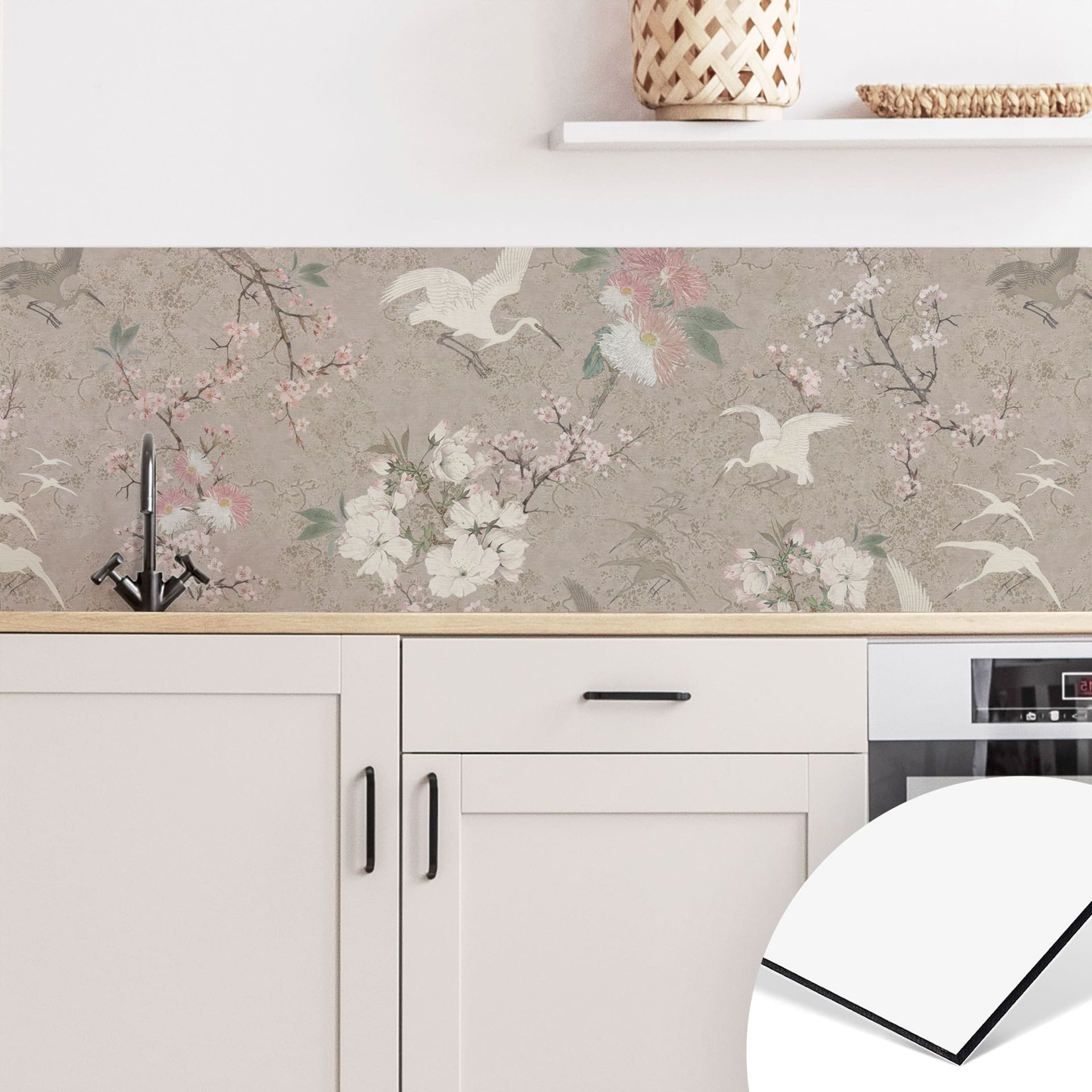Revêtement pour cuisine grues en fleurs de cerisier Beige - Bloomery Decor
