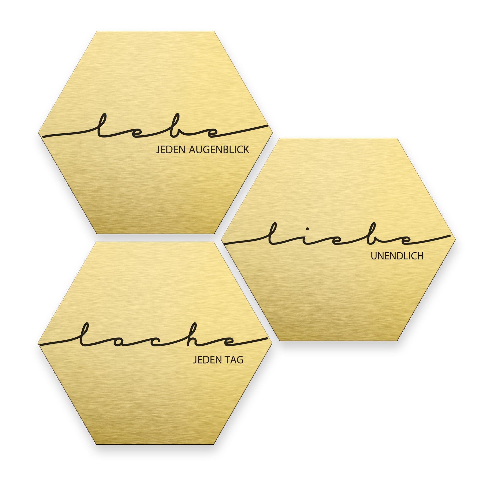 Hexagon - Alu-Dibond-Goldeffekt - Lebe, Lache, Liebe (3er Set)