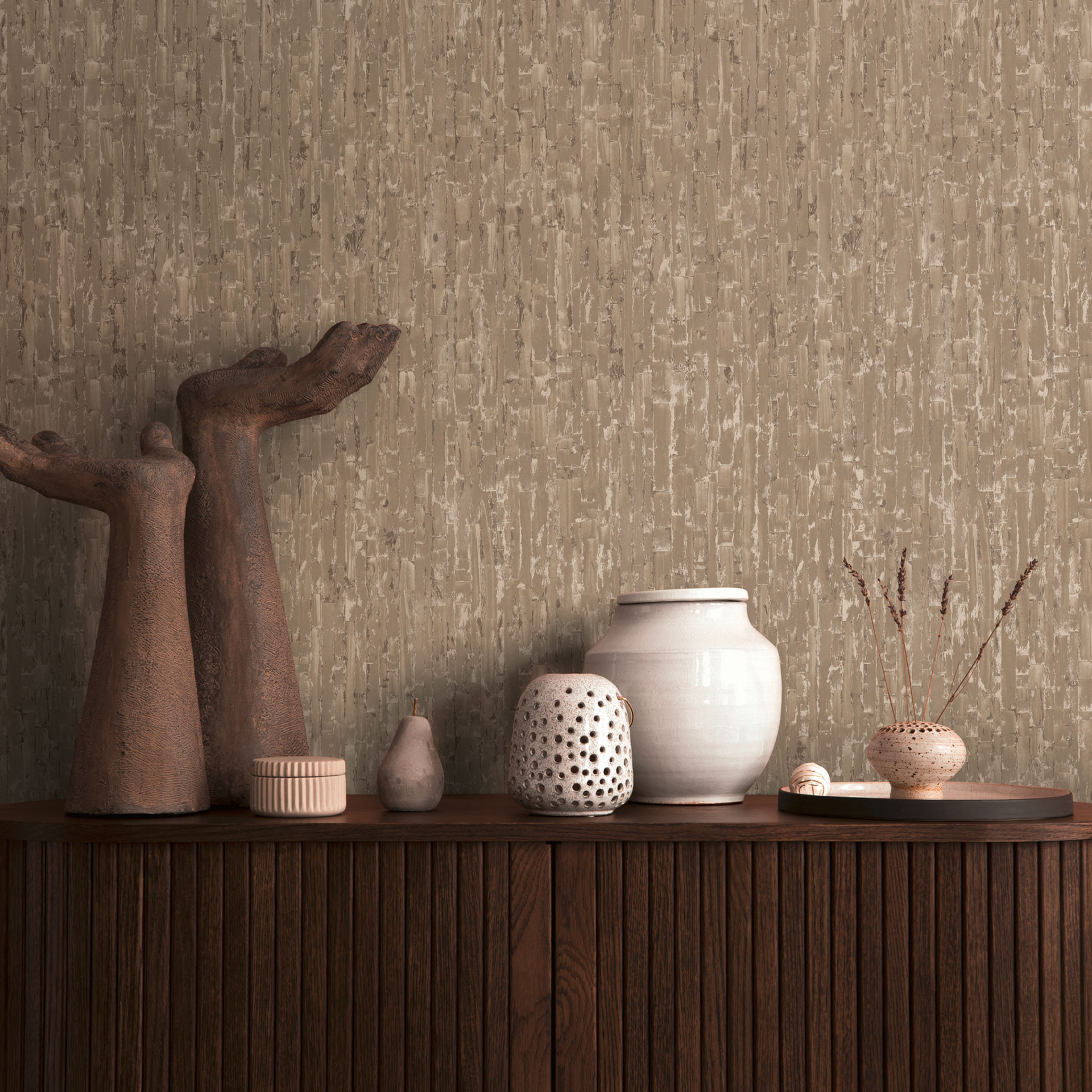 Structuurbehang met 3D-effect bruin beige - Vliesbehang naturel
