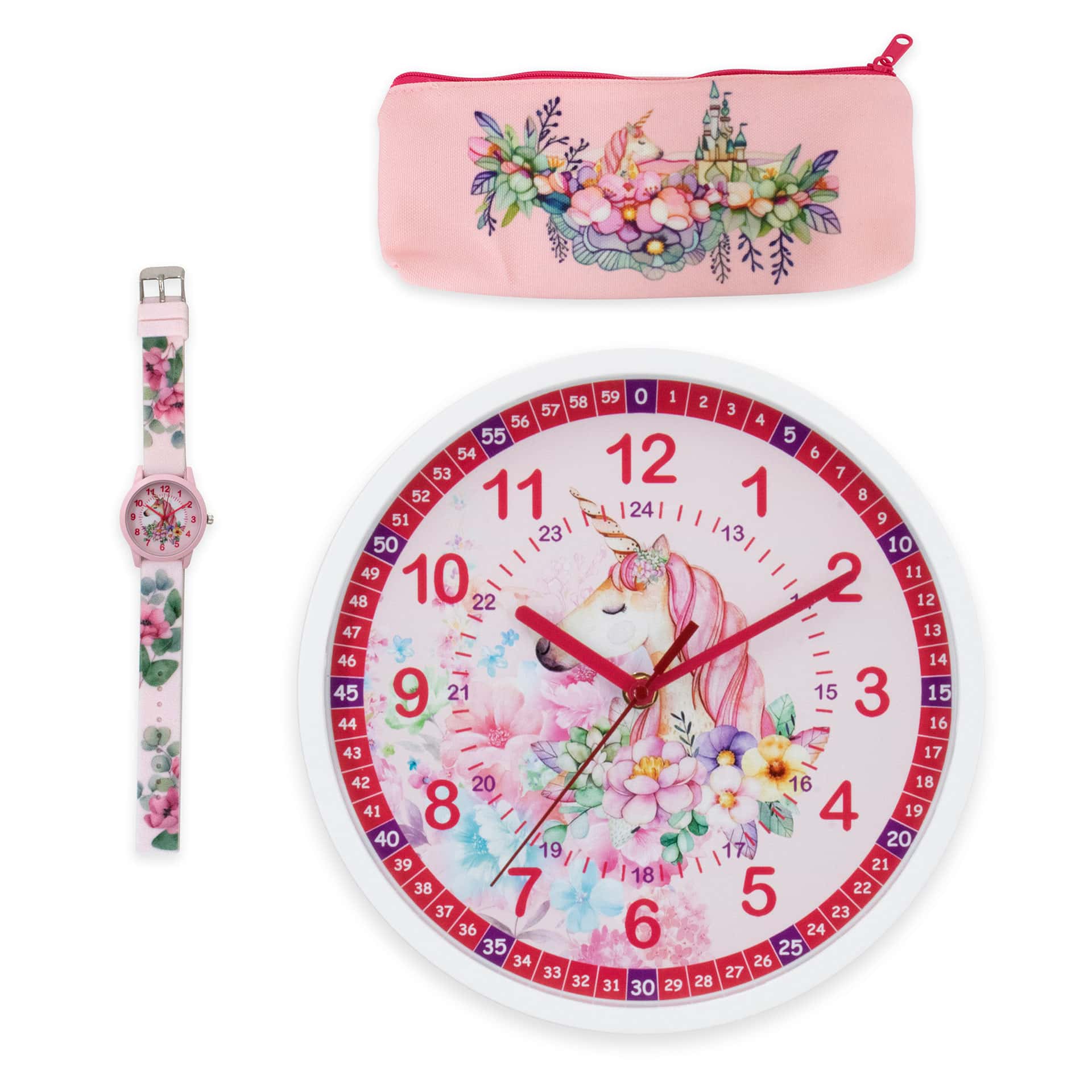 Bundle Lernuhr mit Lernzifferblatt für Kinder inkl. Armbanduhr & Mäppchen | Einhorn/Prinzessin rosa