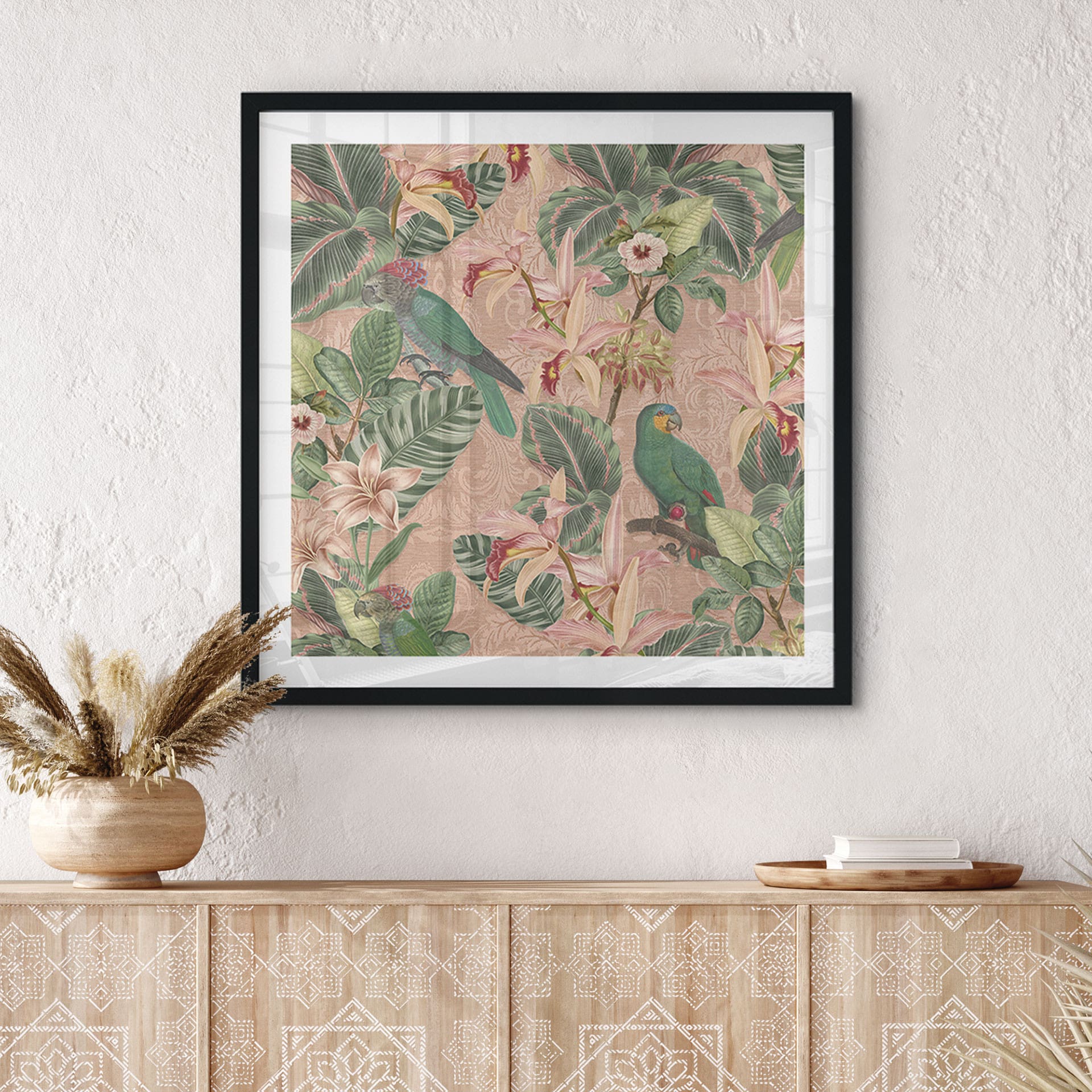 Plakat Botanika Dżungla z Papugami Różowy - Bloomery Decor - Kwadratowy