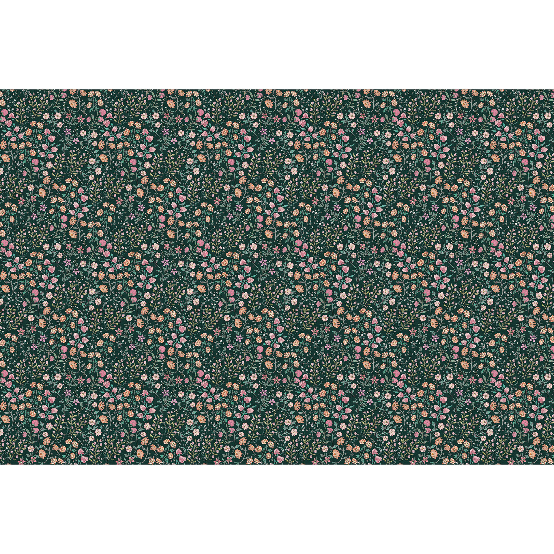 Fotobehang met bloemenpatroon - Weidebloemen vintage - Donkergroen - Bloemdecoratie