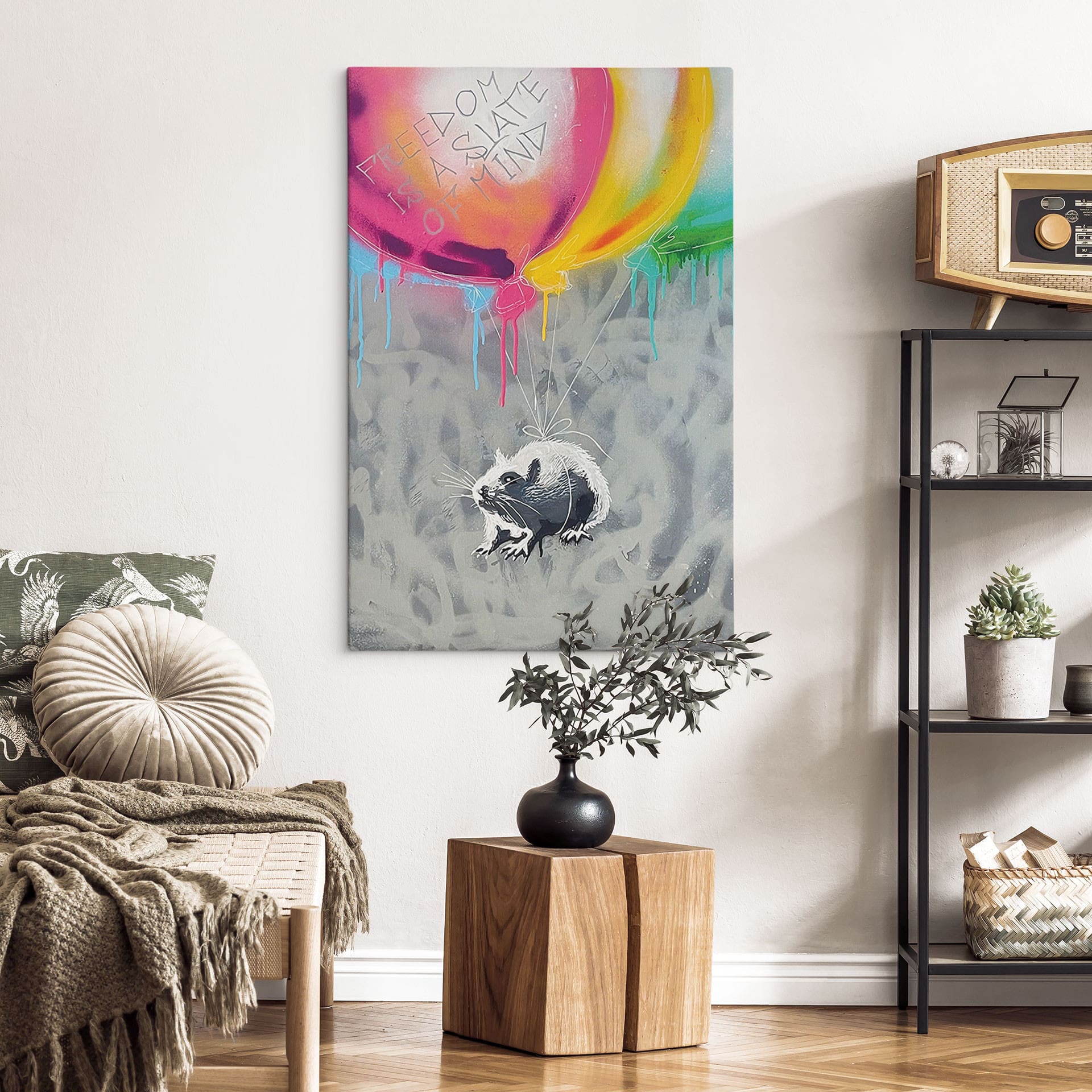 Leinwandbild Streetart Ratte Freedom Ballons - Habib - 20x30 cm