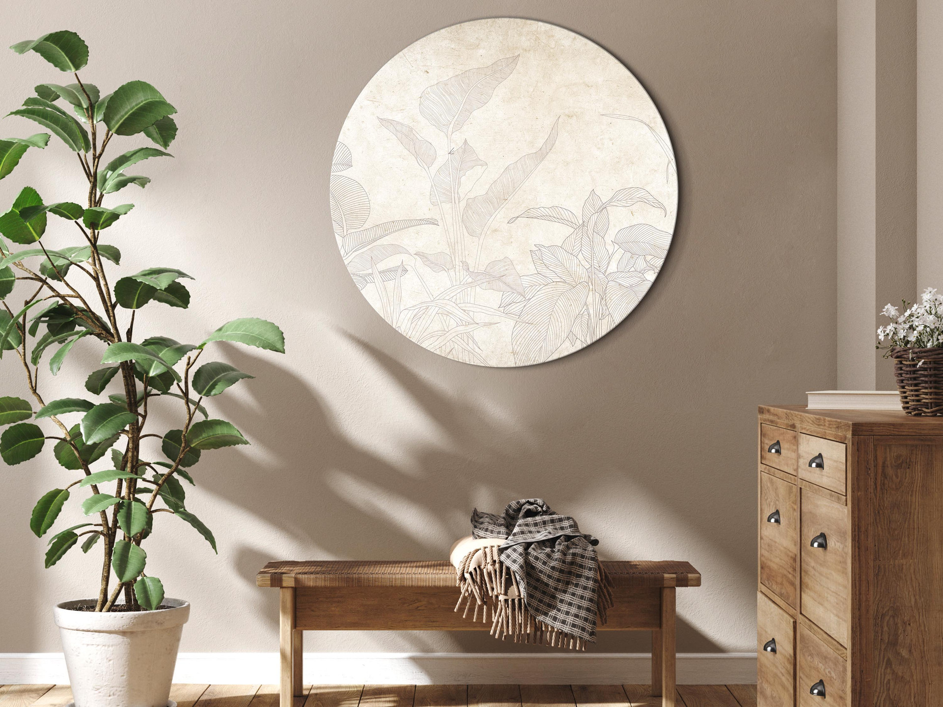 Rundes Leinwandbild Gedämpftes exotisches Grün in Beige