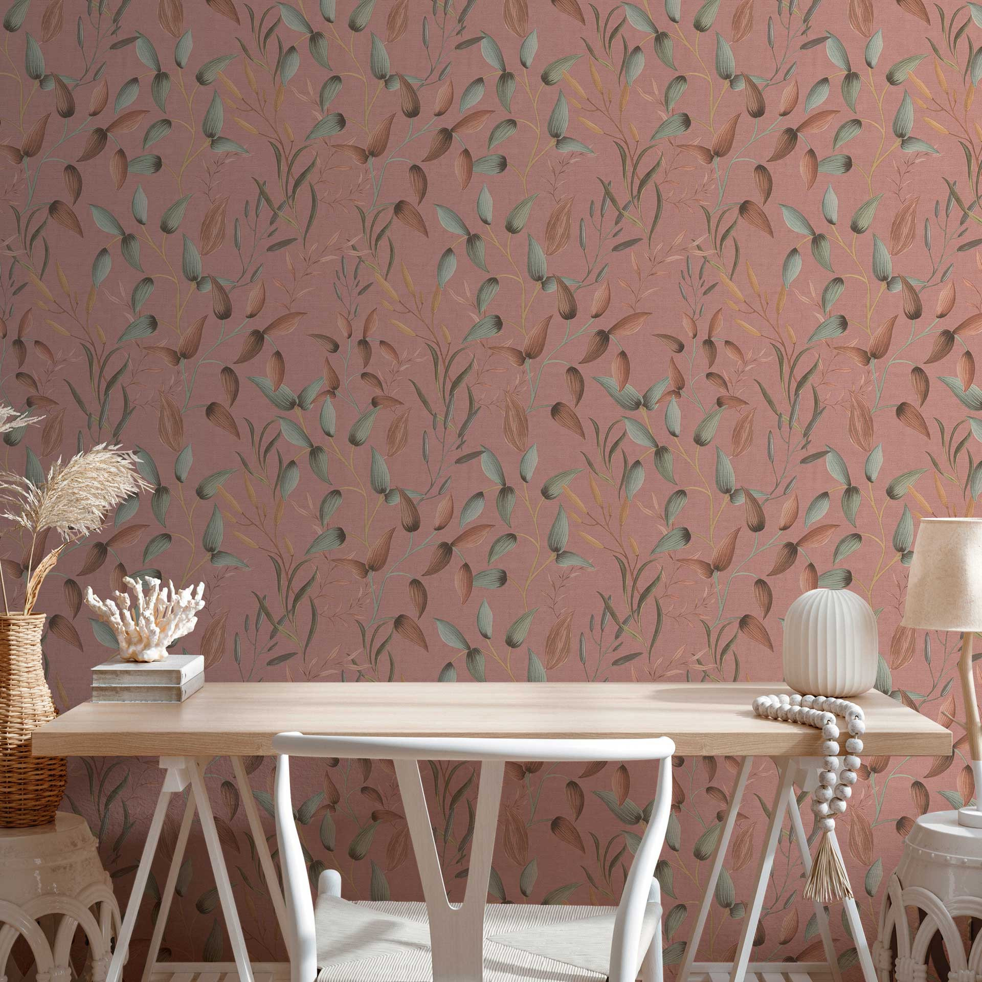 Bloemen behang bladeren aquarel - Vliesbehang in schemerig roze groen bruin - planten behang