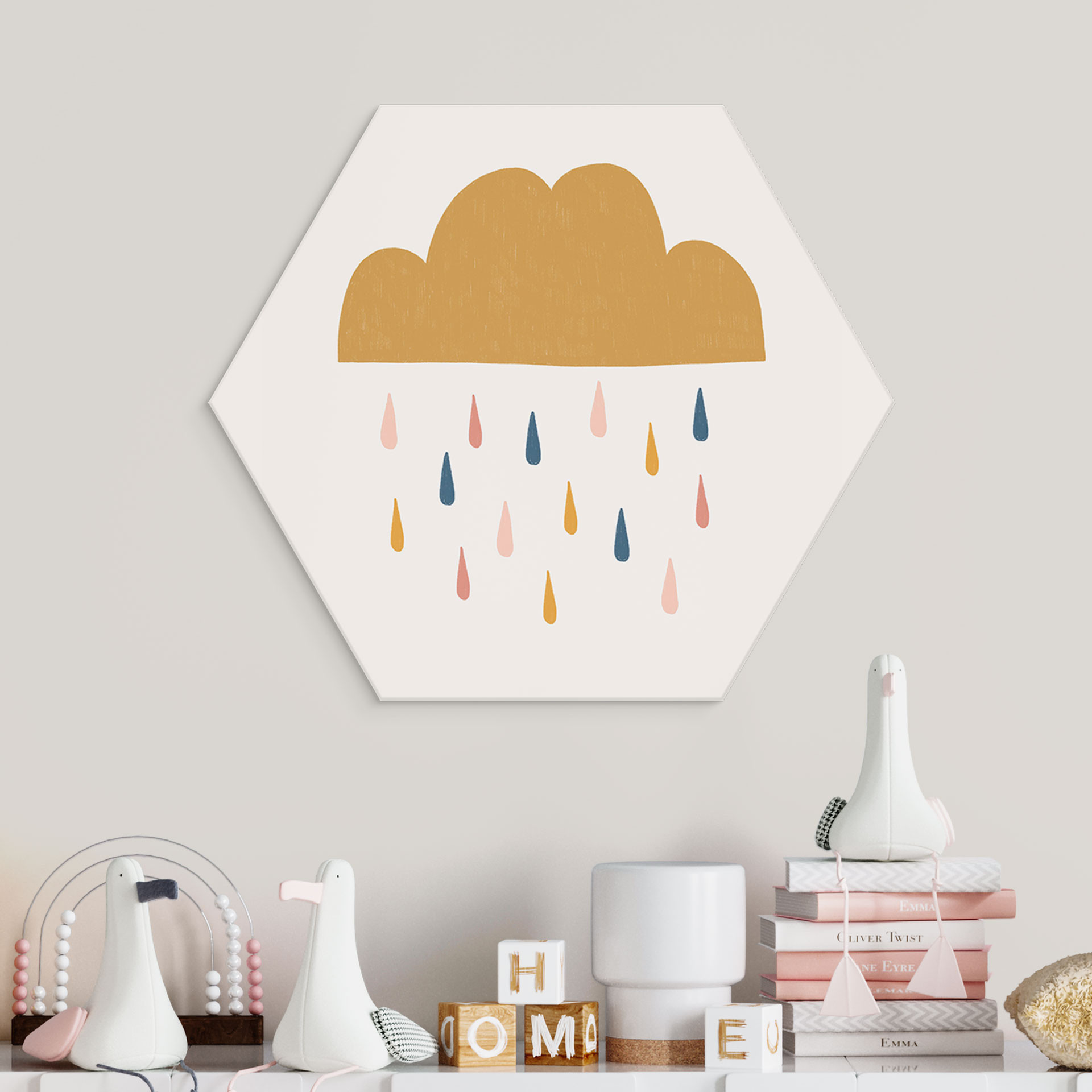 Hexagon Wandbild Fröhlicher Regen in Pastelltönen - Menina Lisboa - Alu-Dibond