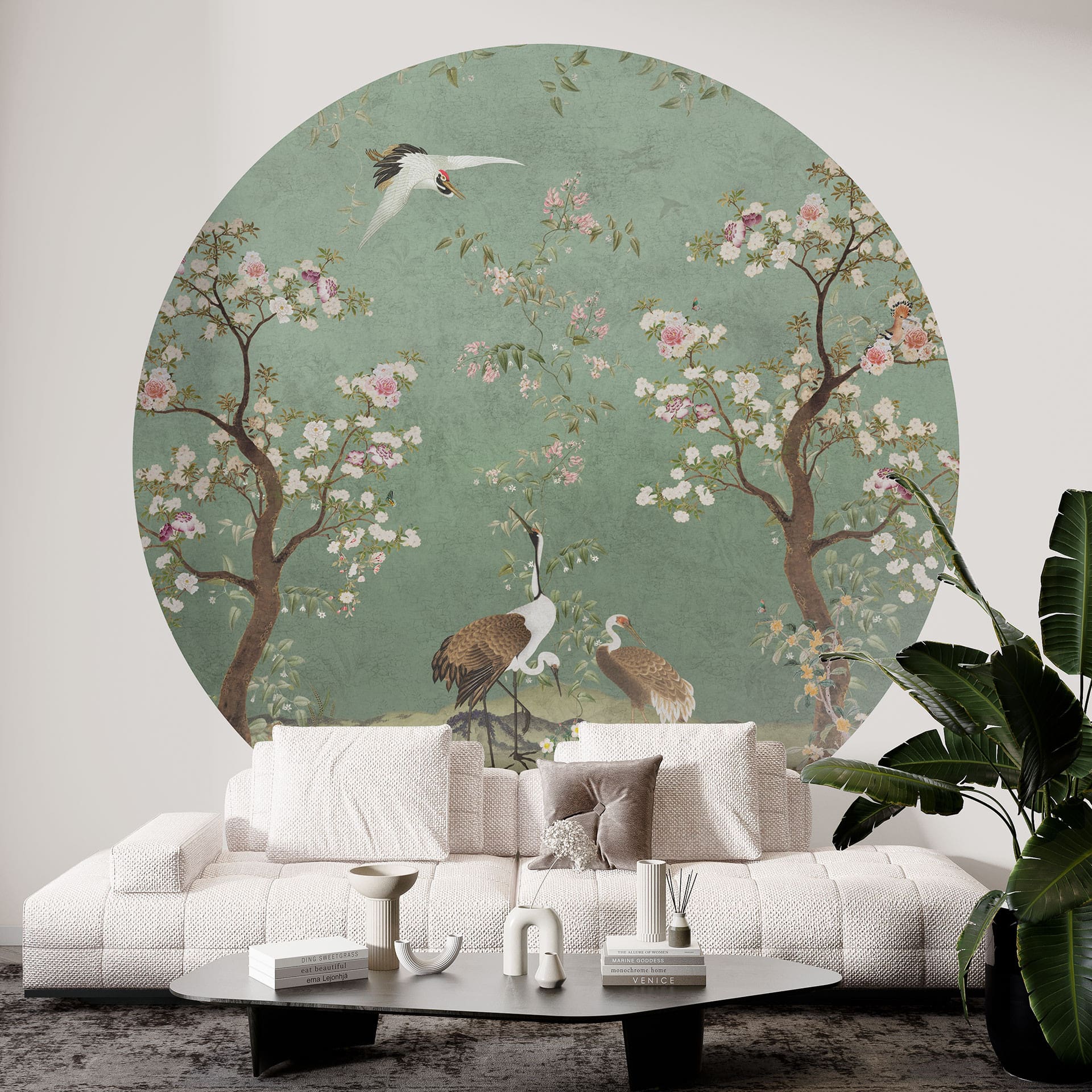 Fotobehang Kraanvogels in bloemenlandschap - Bloemdecor - Rond - Zelfklevend/niet-geweven