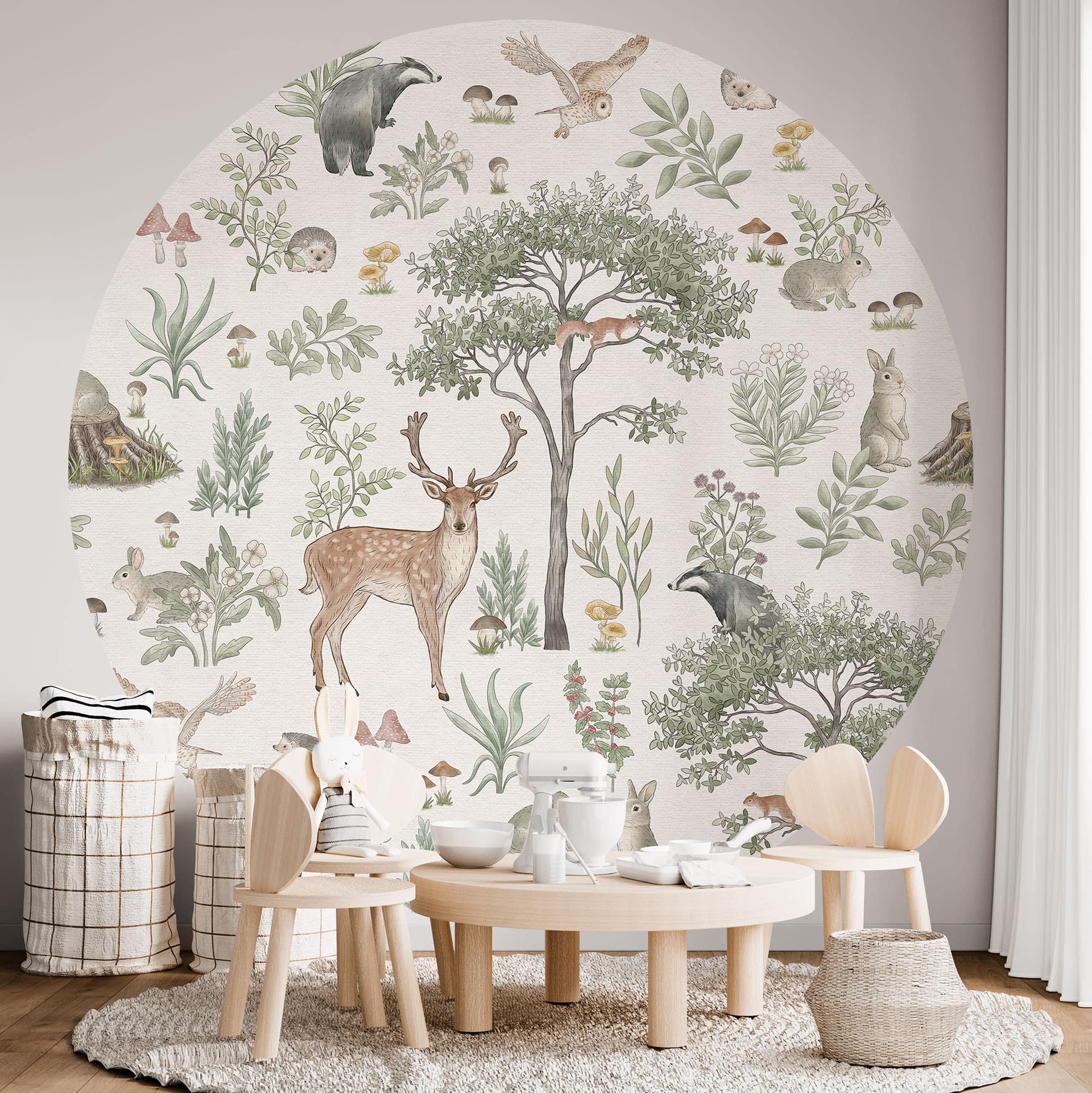 Betoverend bos met dieren behang - Vintage crème - Kikki Belle - Rond - vliesbehang/zelfklevend vlie
