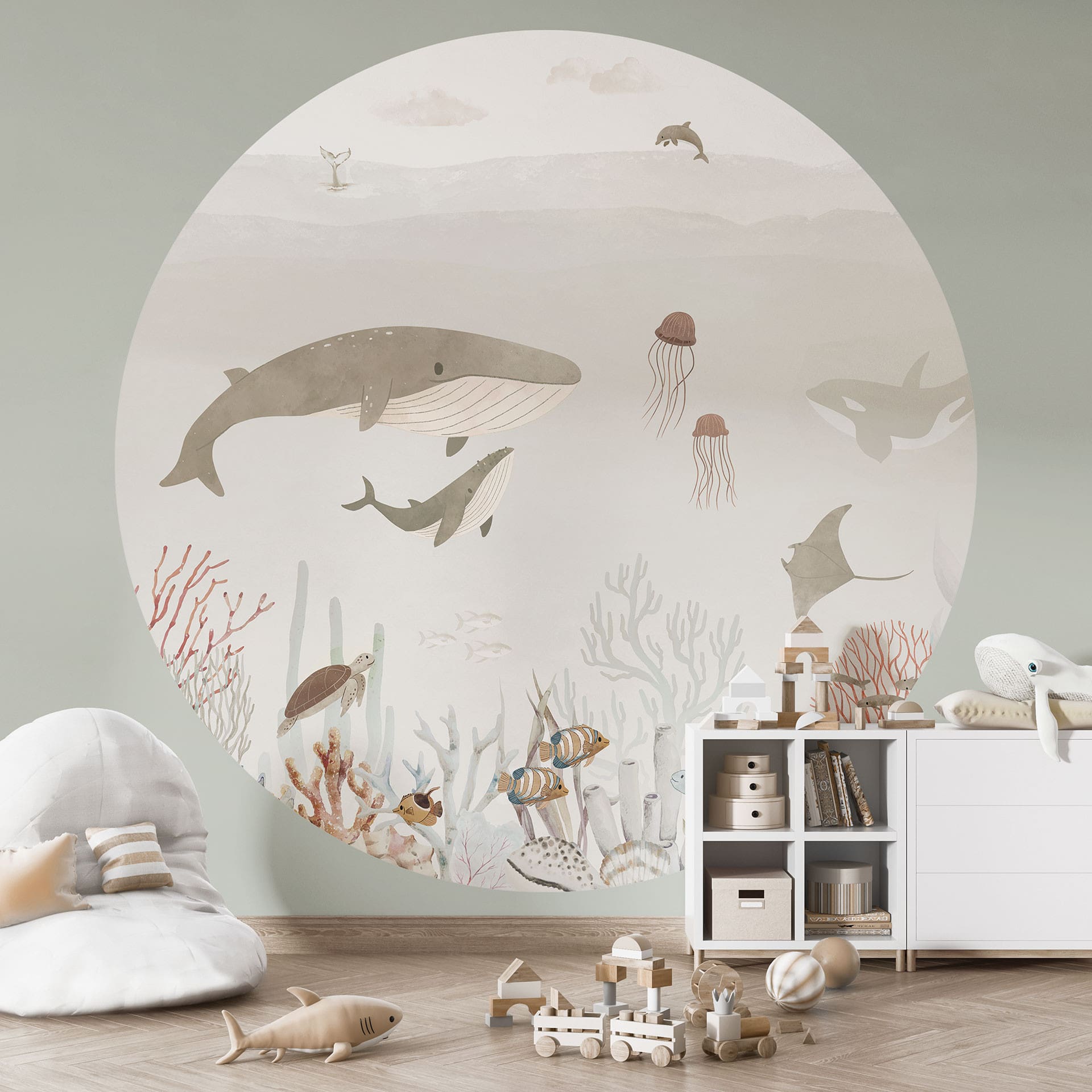 Kinderbehang Walvissen en hun vrienden in de onderwaterwereld - Oliver Robins - Rond - vliesbehang/z