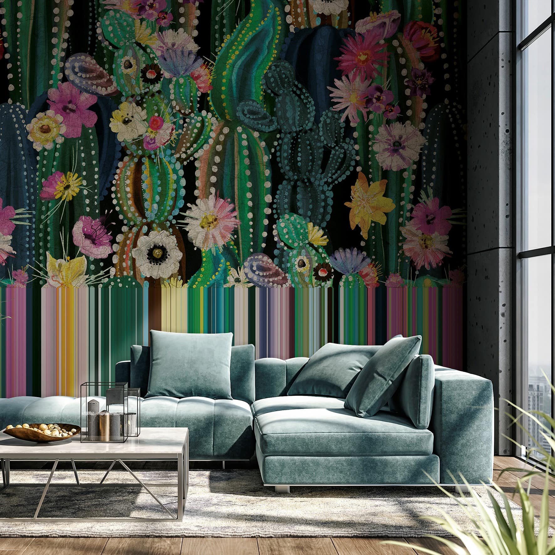 Papier peint photo motif Jardin de cactus avec fleurs multicolores et motifs à pois en 3,4 x 3,18 m