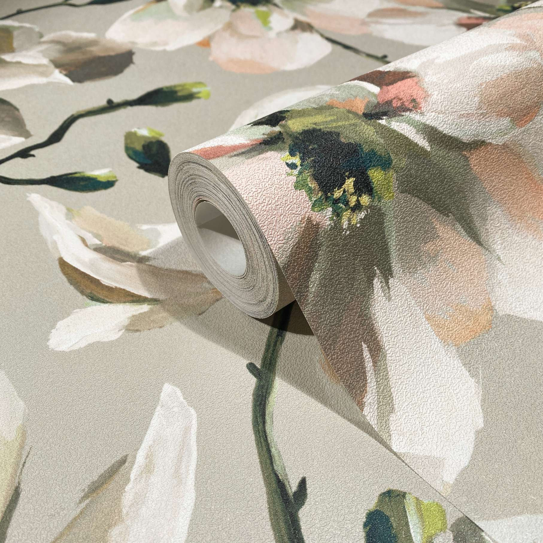 behang, vlies bloemen behang Flora beige, wit